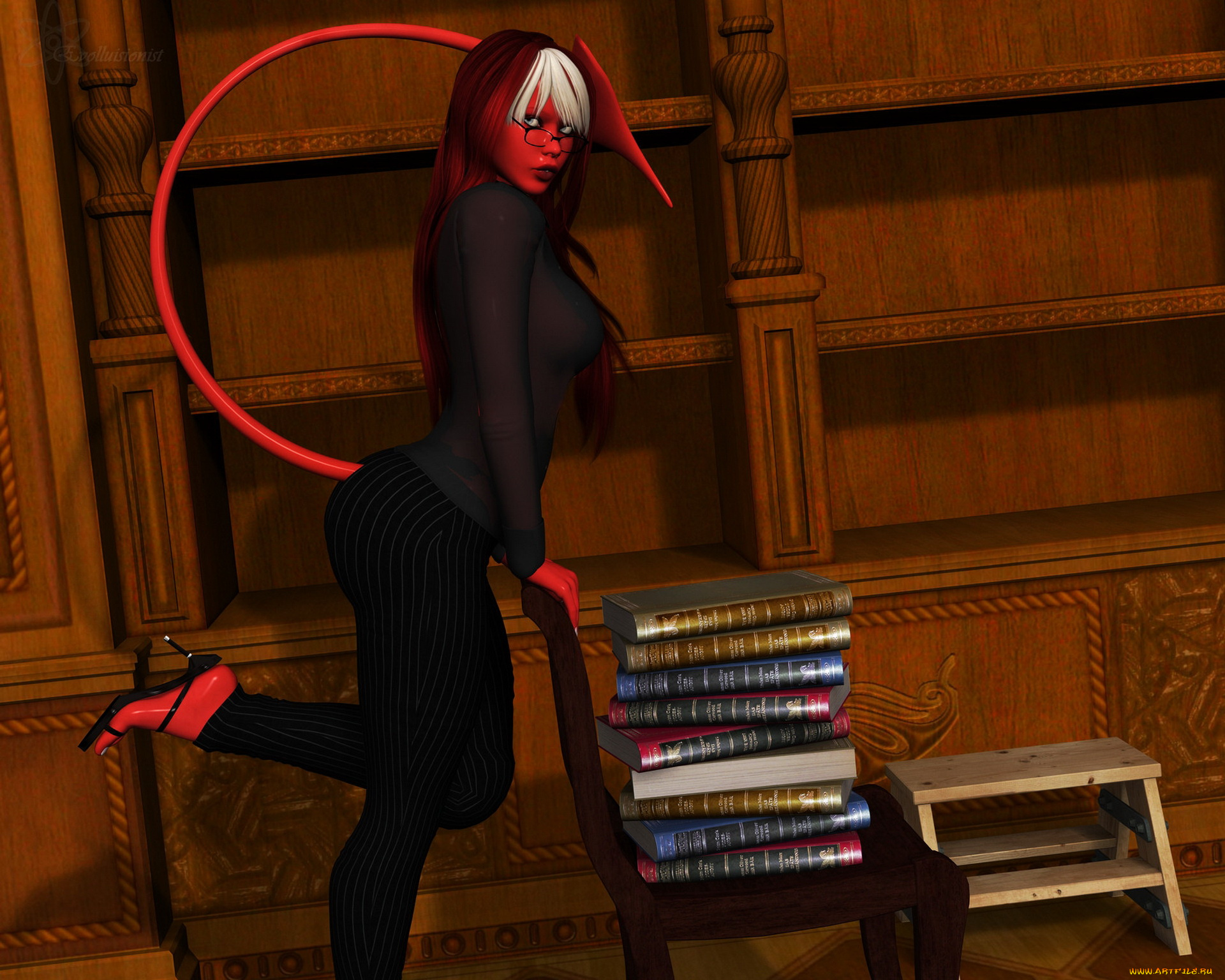 3д, графика, существа, , creatures, взгляд, фон, девушка, существо, хвост, очки, книги, стул