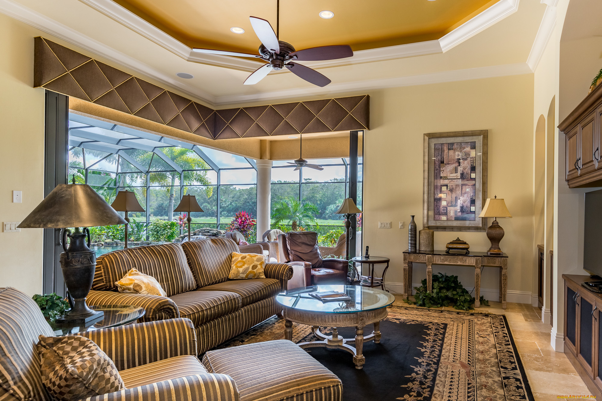 интерьер, гостиная, кресло, столик, лампы, диван, дизайн