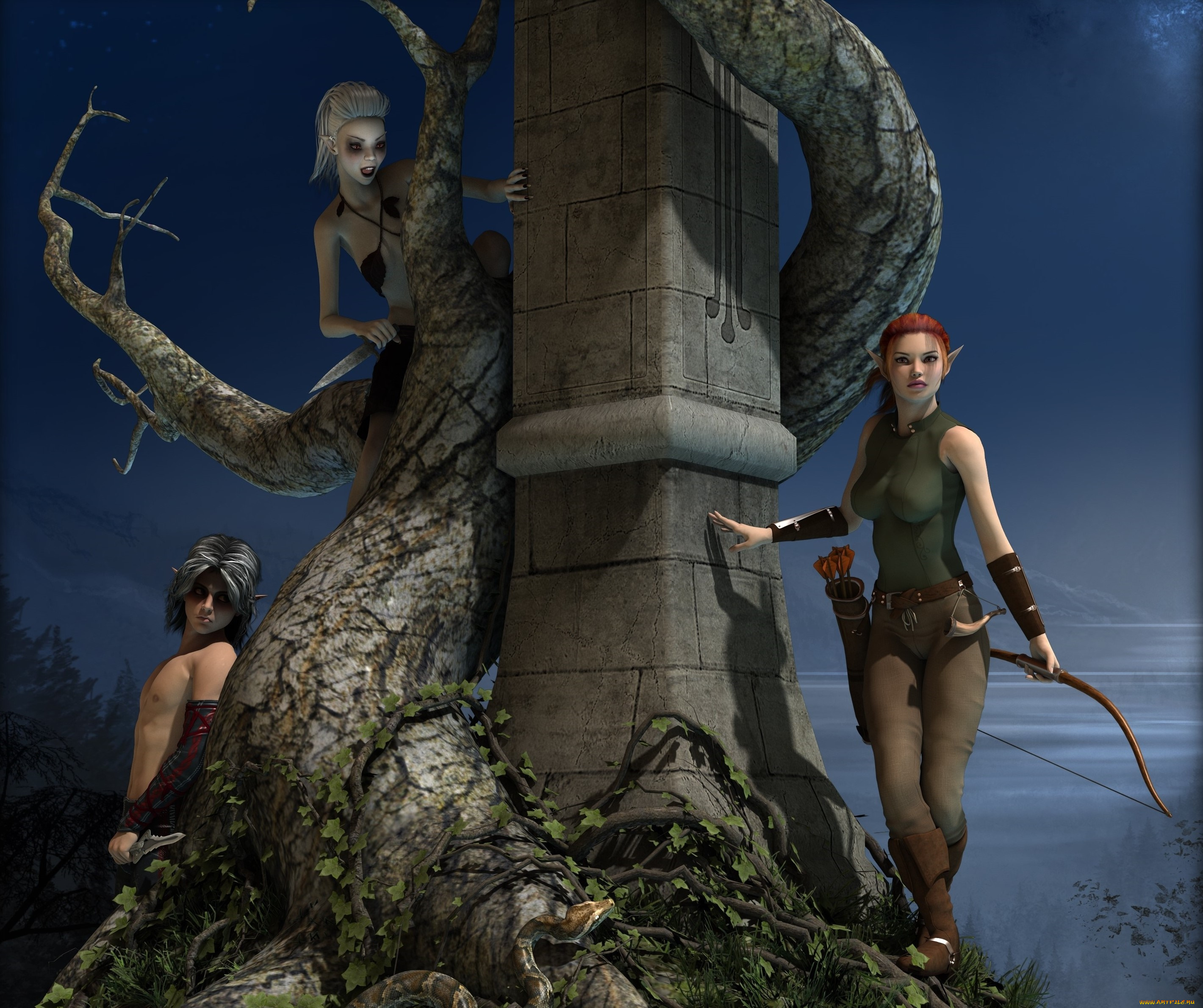 3д, графика, эльфы, , elves, эльфийки, фон, взгляд, оружие, змея