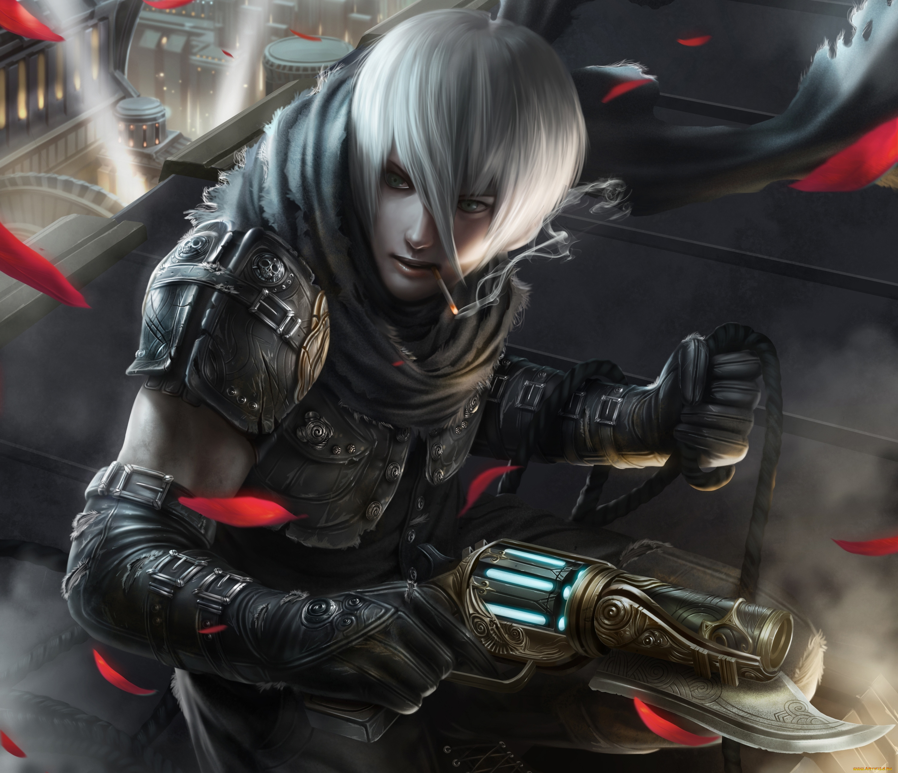 фэнтези, люди, парень, белые, волосы, пистолет, сигарета