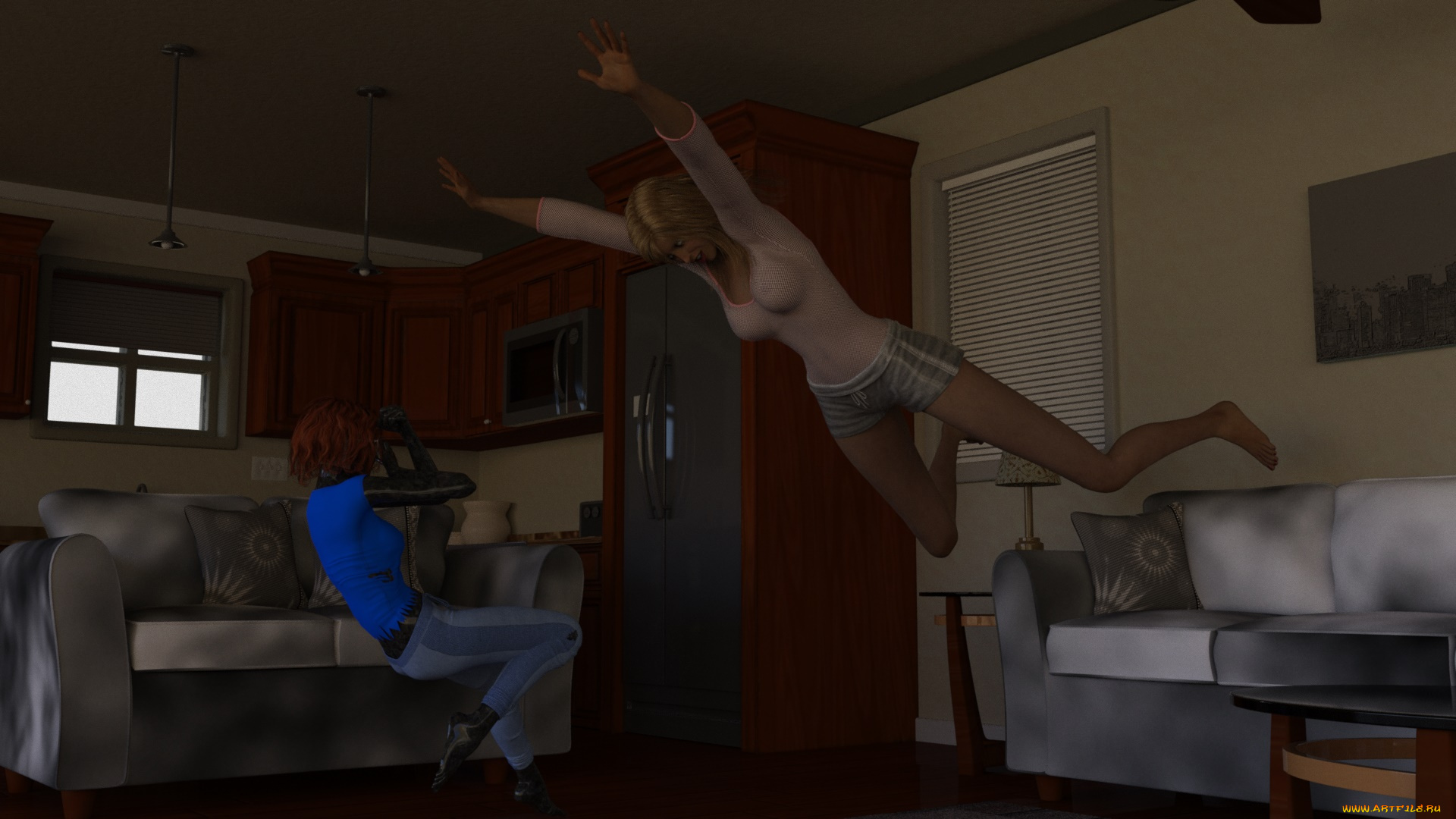 3д, графика, люди, , people, девушка, взгляд, фон, мать, дочь, интерьер