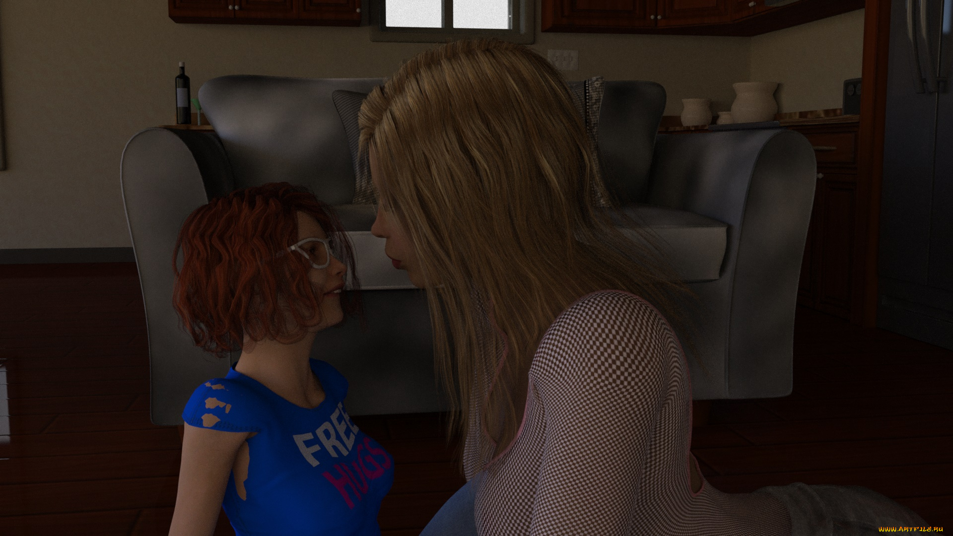 3д, графика, люди, , people, девушка, взгляд, фон, мать, дочь, интерьер