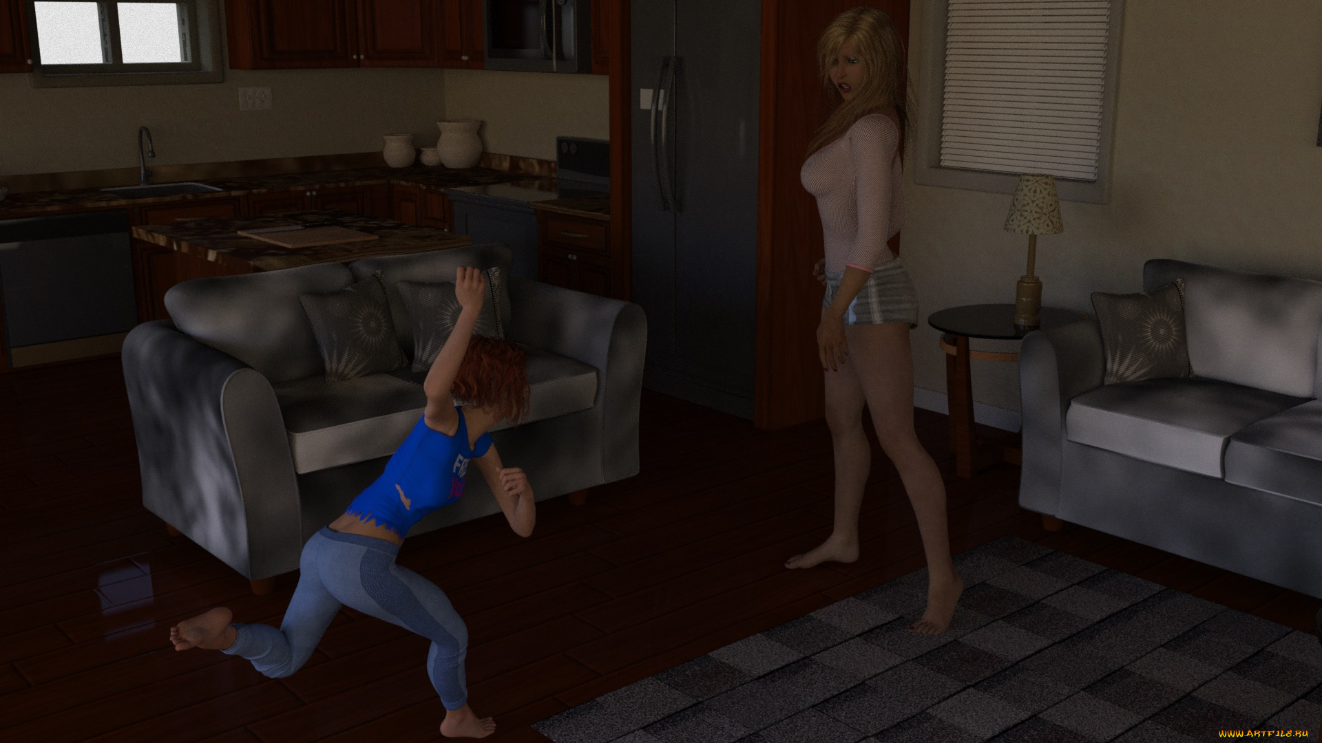 3д, графика, люди, , people, мать, фон, взгляд, девушка, дочь, интерьер