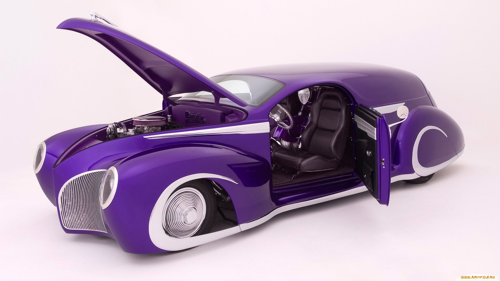 автомобили, lincoln, низкая, посадка, фиолетовая, машина, custom, открыты, дверь, и, капот, на, белом, фоне, машины