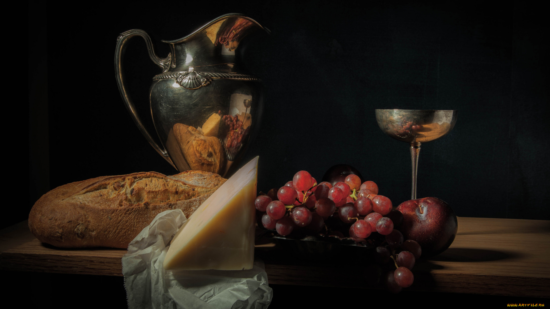 еда, натюрморт, виноград, вино, хлеб