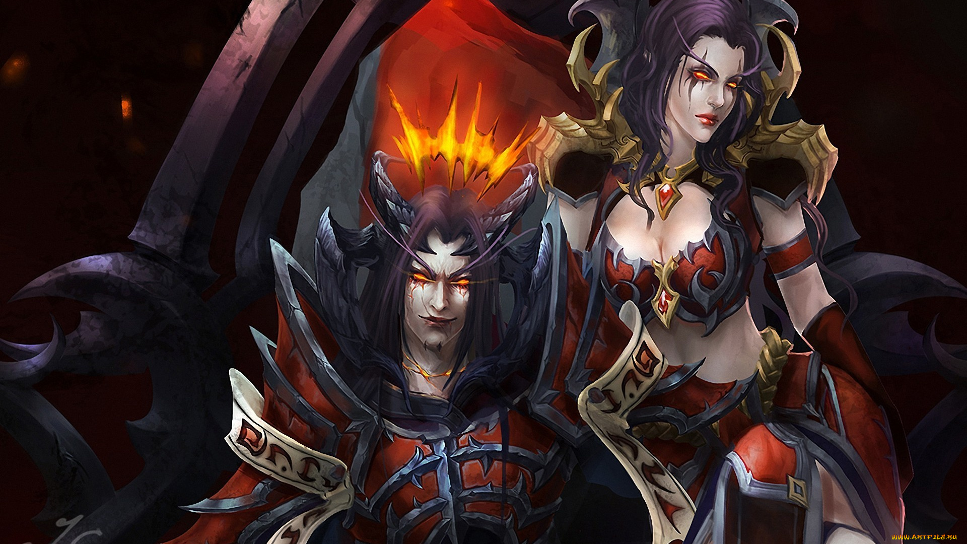 фэнтези, демоны, девушка, парень, трон, глаза