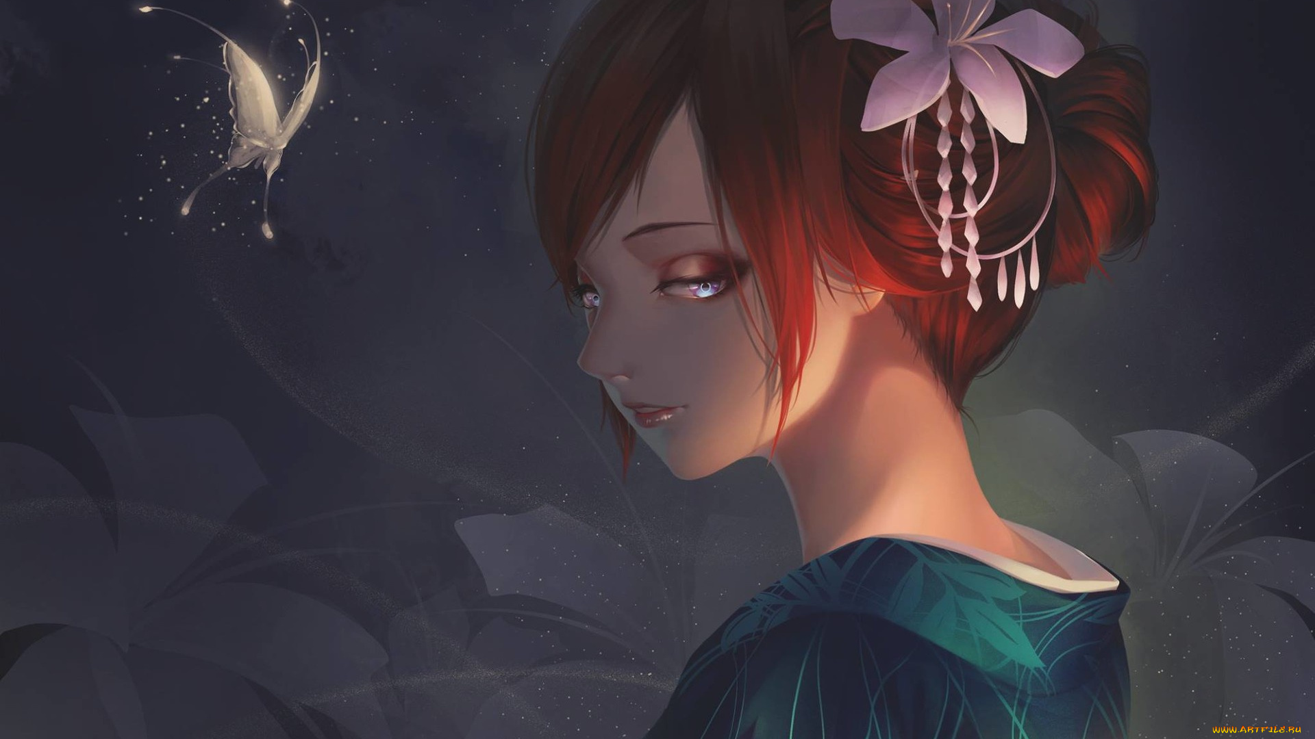 фэнтези, девушки, цветы, арт, бабочка, взгляд, девушка, гейша, аниме