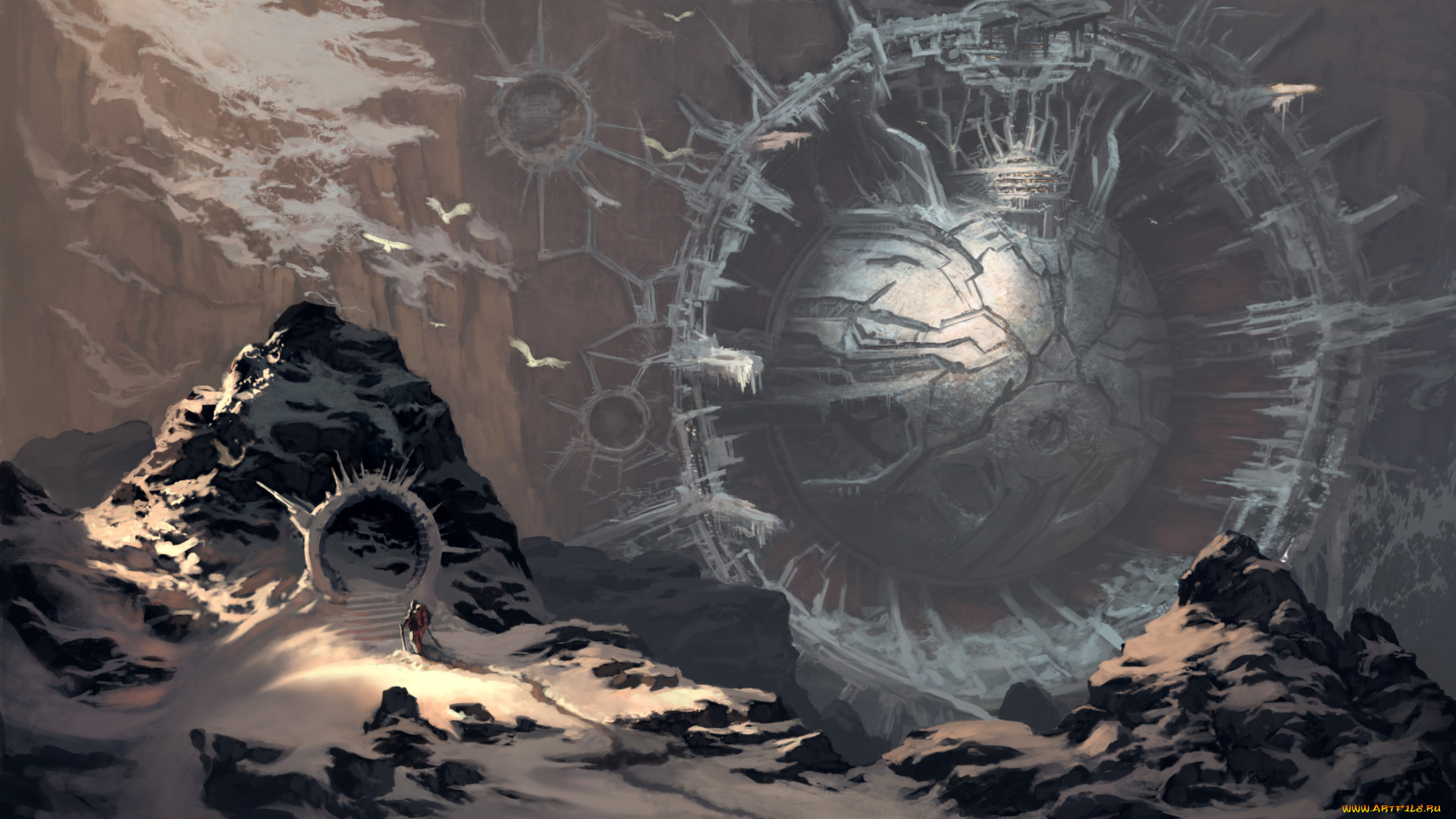 фэнтези, иные, миры, , иные, времена, шар, человек, сфера, портал, горы, арт, снег, сооружение