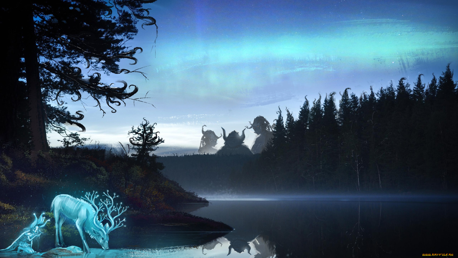 фэнтези, иные, миры, , иные, времена, животное, существа, отражение, арт, рога, фантастика, лес, олень, вода, озеро, деревья