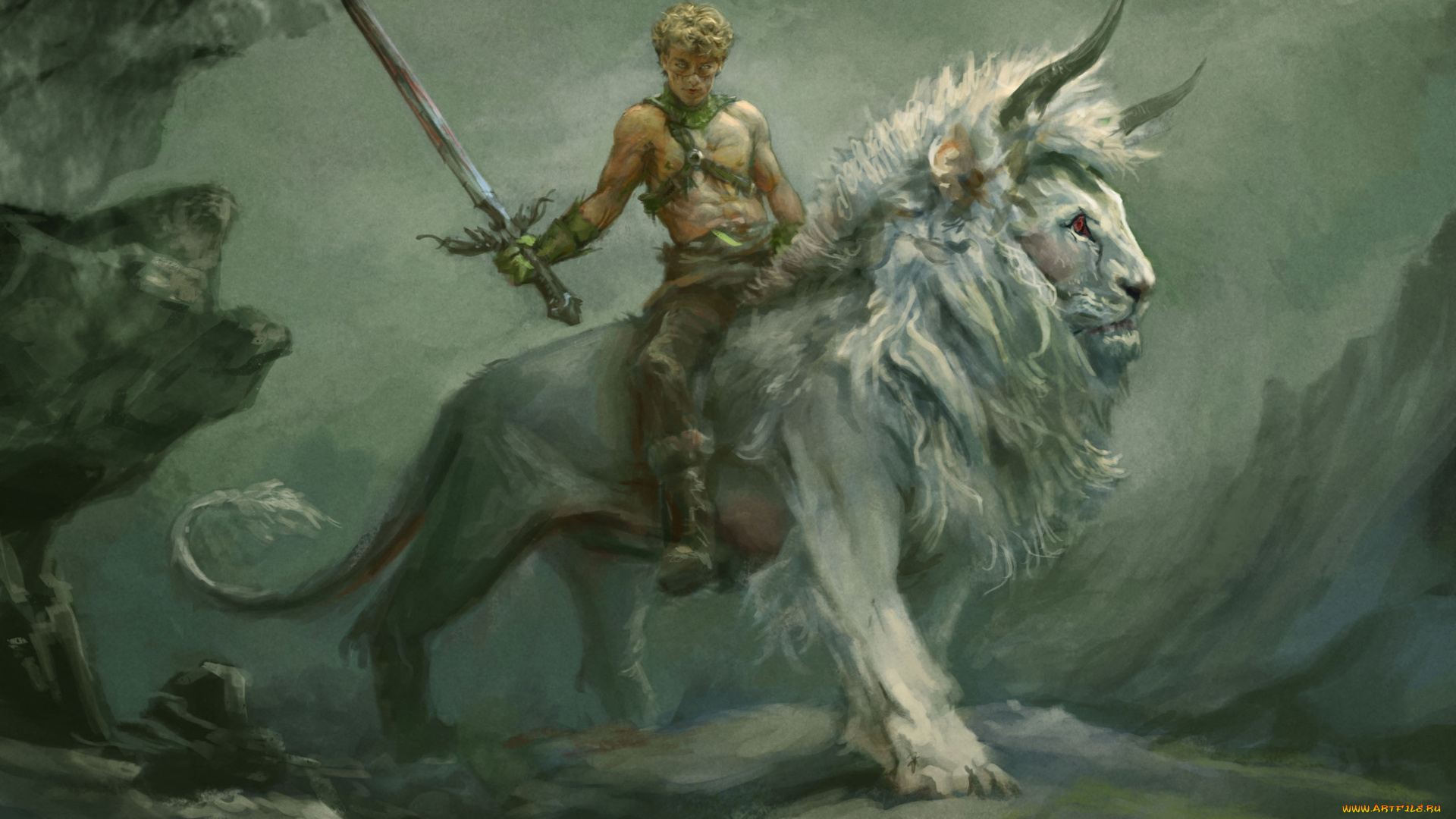 фэнтези, существа, меч, лев, существо, фон, мужчина