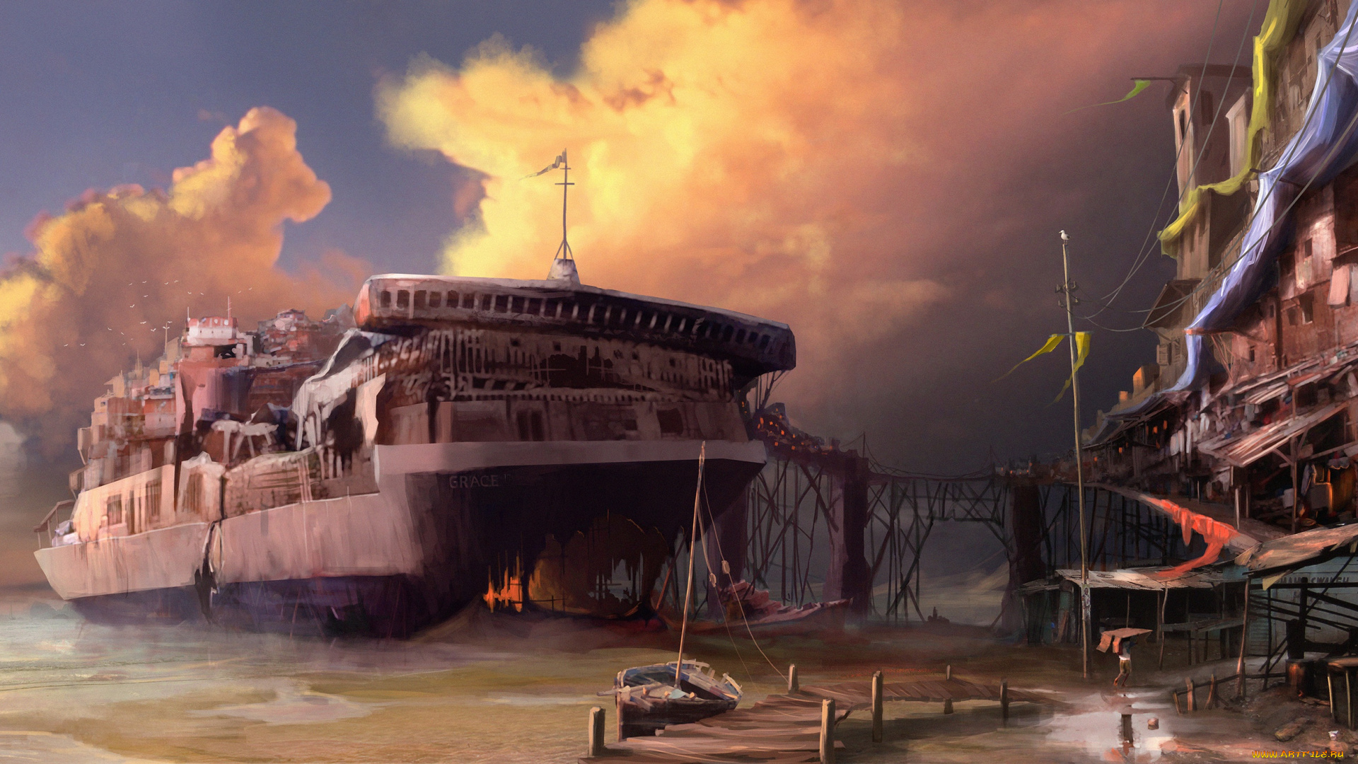 фэнтези, транспортные, средства, танкер, пирс, парусник, море, поселение, тучи, остов, корабль, дома