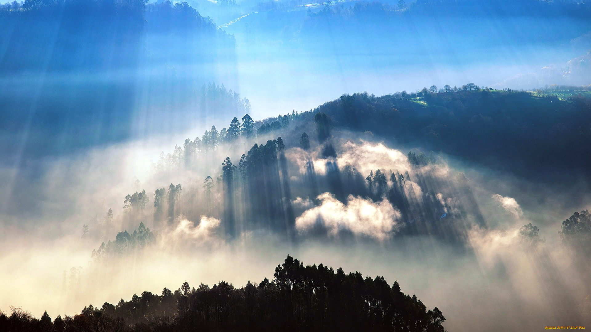 природа, реки, озера, лучи, свет, лес, деревья, горы