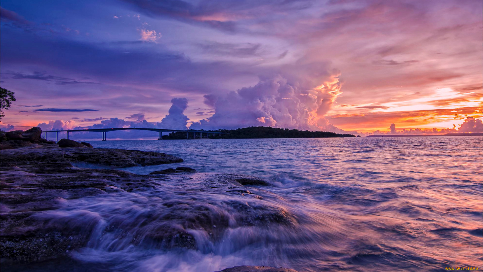 природа, восходы, закаты, облака, мост, море