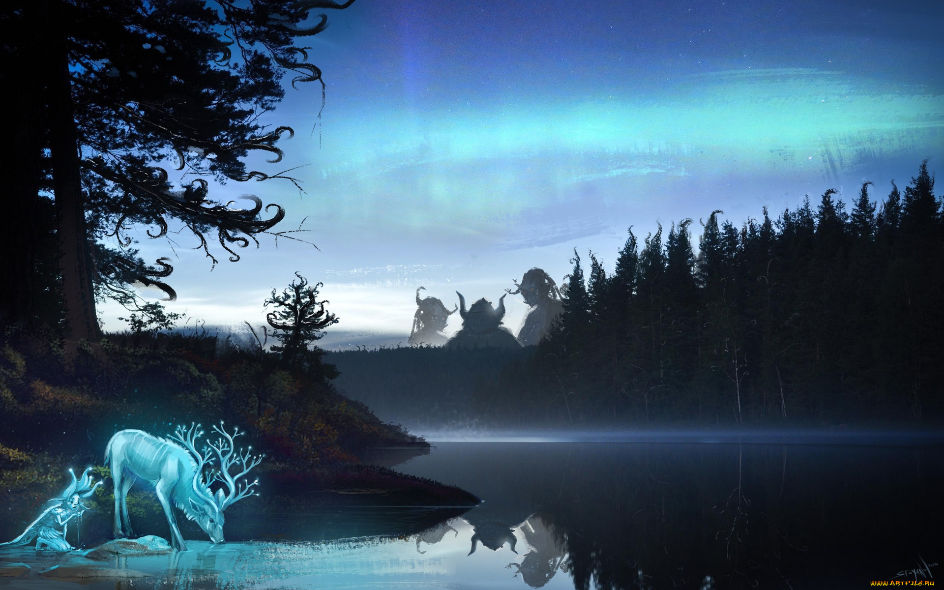 фэнтези, иные, миры, , иные, времена, животное, существа, отражение, арт, рога, фантастика, лес, олень, вода, озеро, деревья