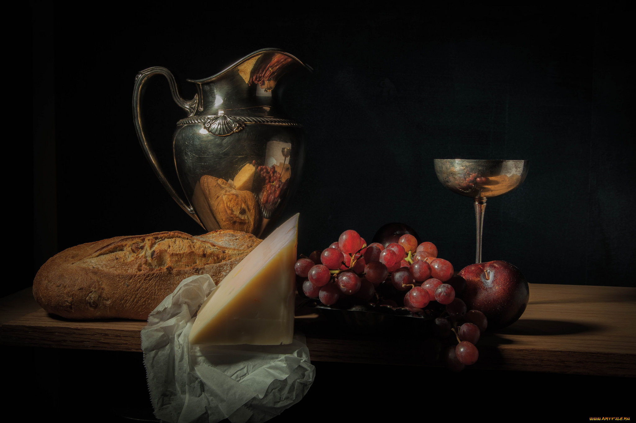 еда, натюрморт, виноград, вино, хлеб