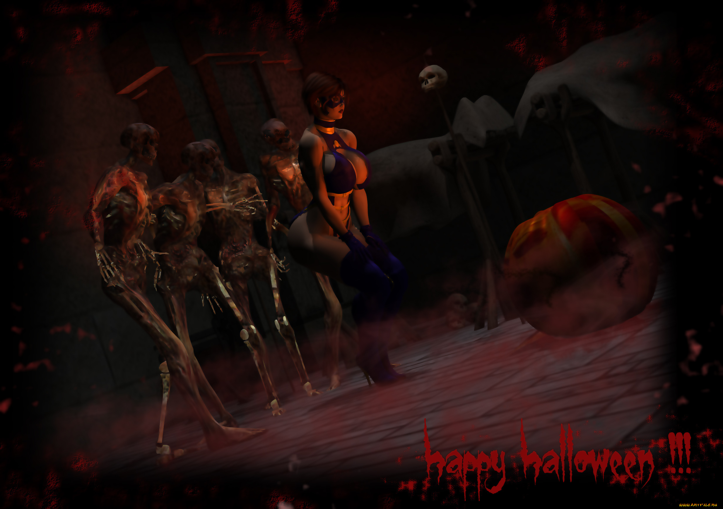 3д, графика, праздники, , holidays, девушка, маска, скилет, тыква, фон