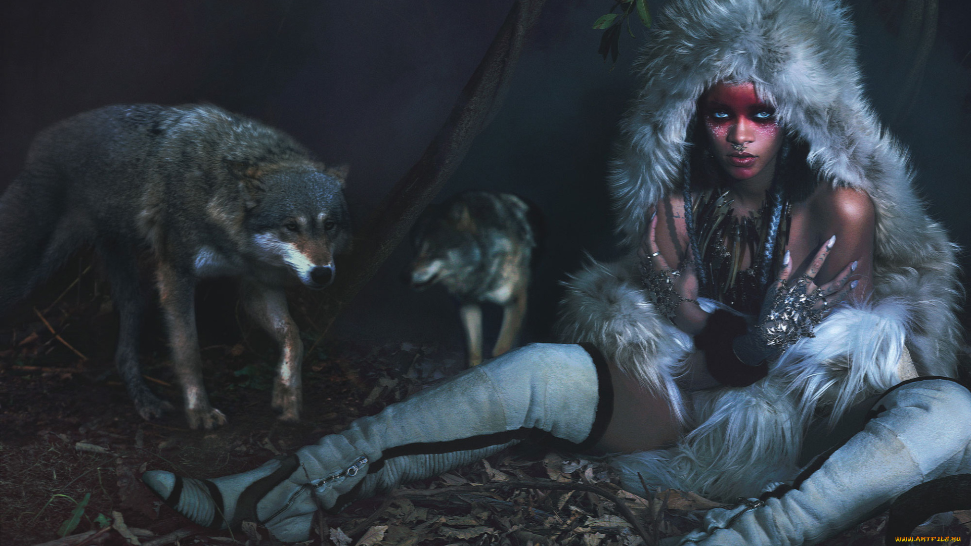 музыка, rihanna, сапоги, ночь, мех, звери, волки, певица, рианна