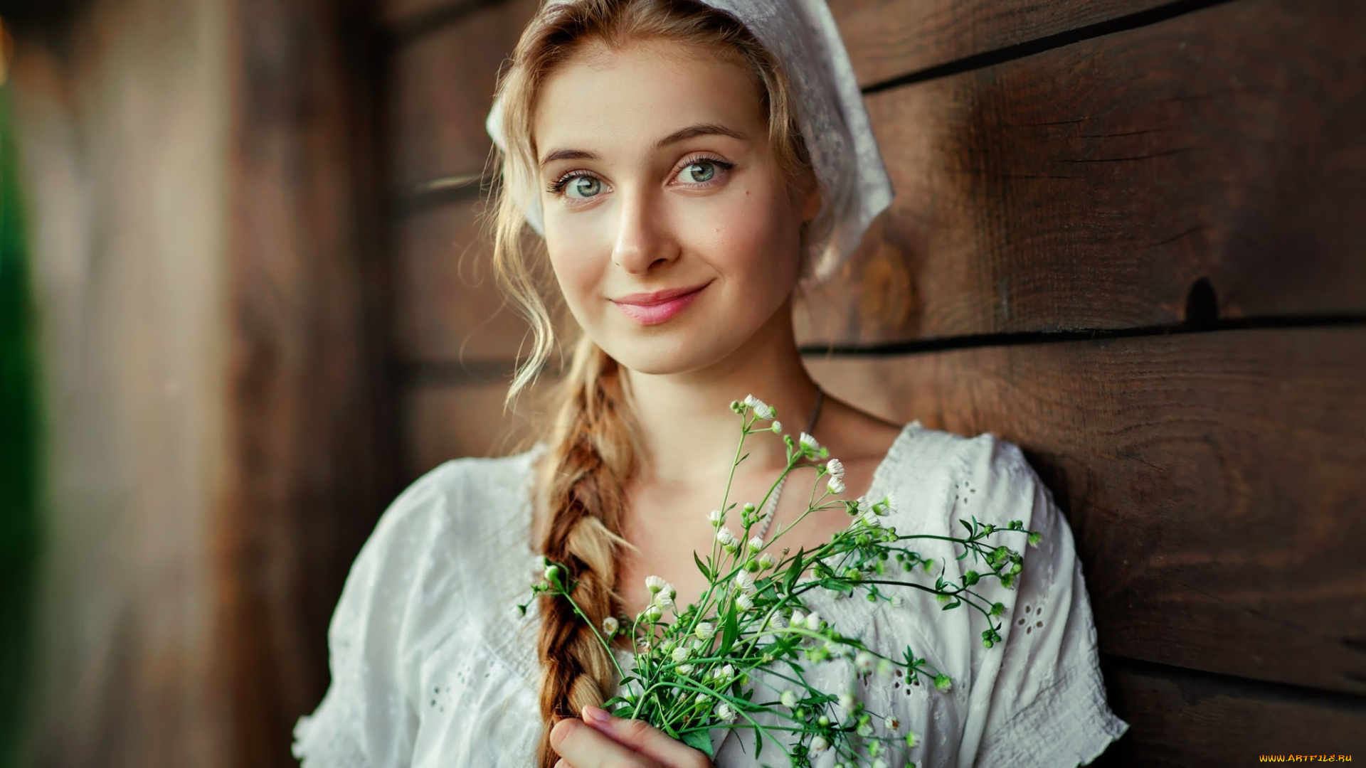 девушки, -, блондинки, , светловолосые, коса, косынка, улыбка, цветы