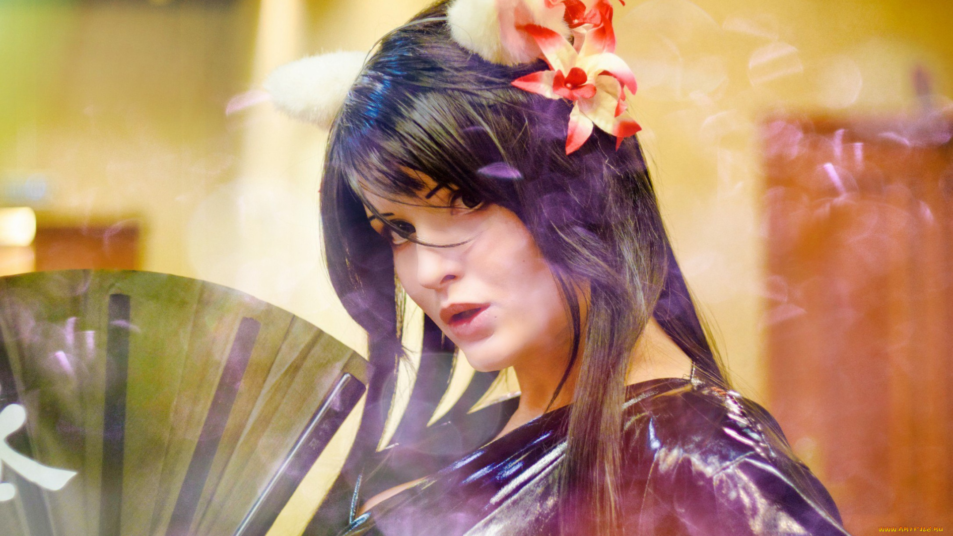 девушки, -, креатив, , косплей, брюнетка, костюм, цветок, дым, веер