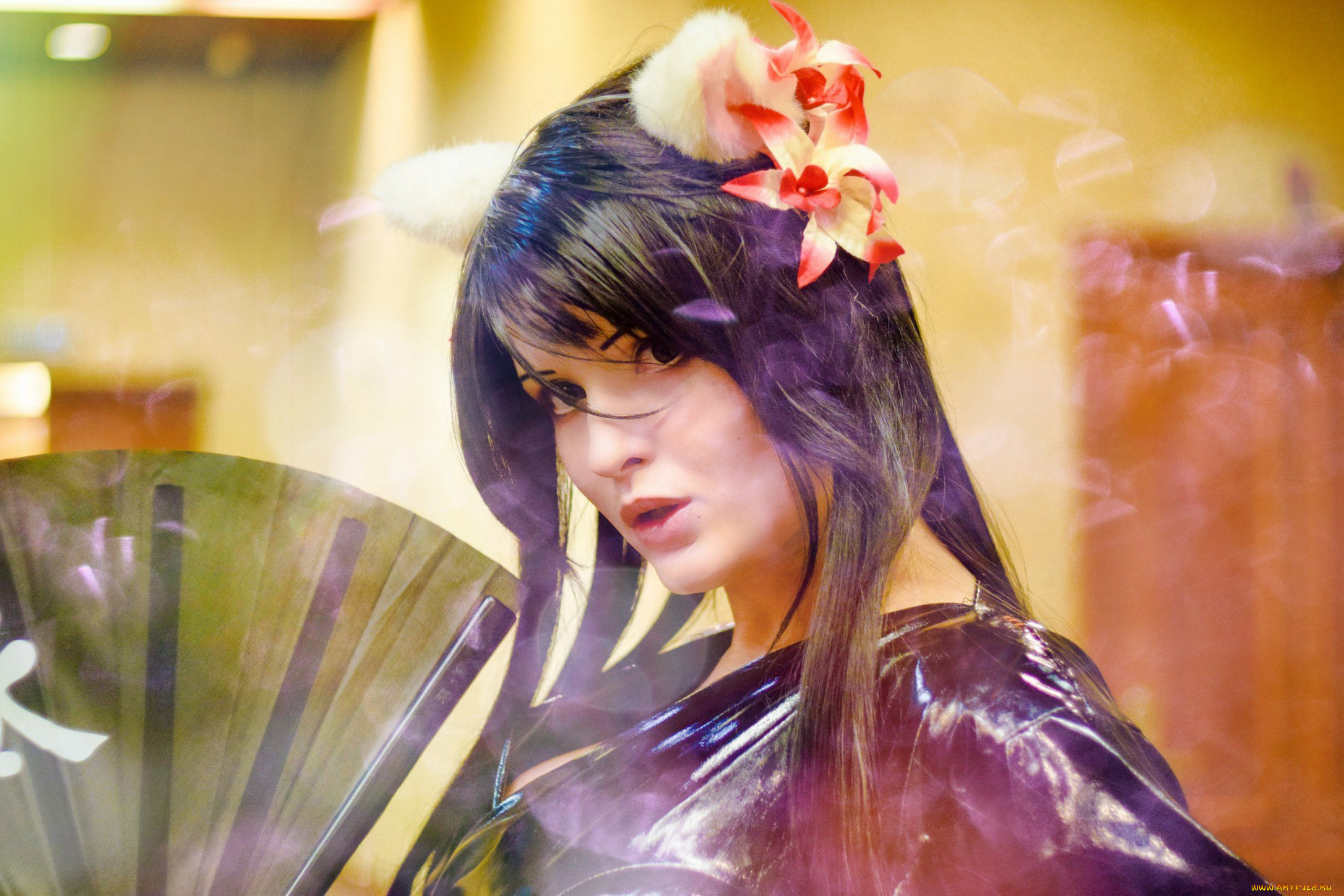 девушки, -, креатив, , косплей, брюнетка, костюм, цветок, дым, веер