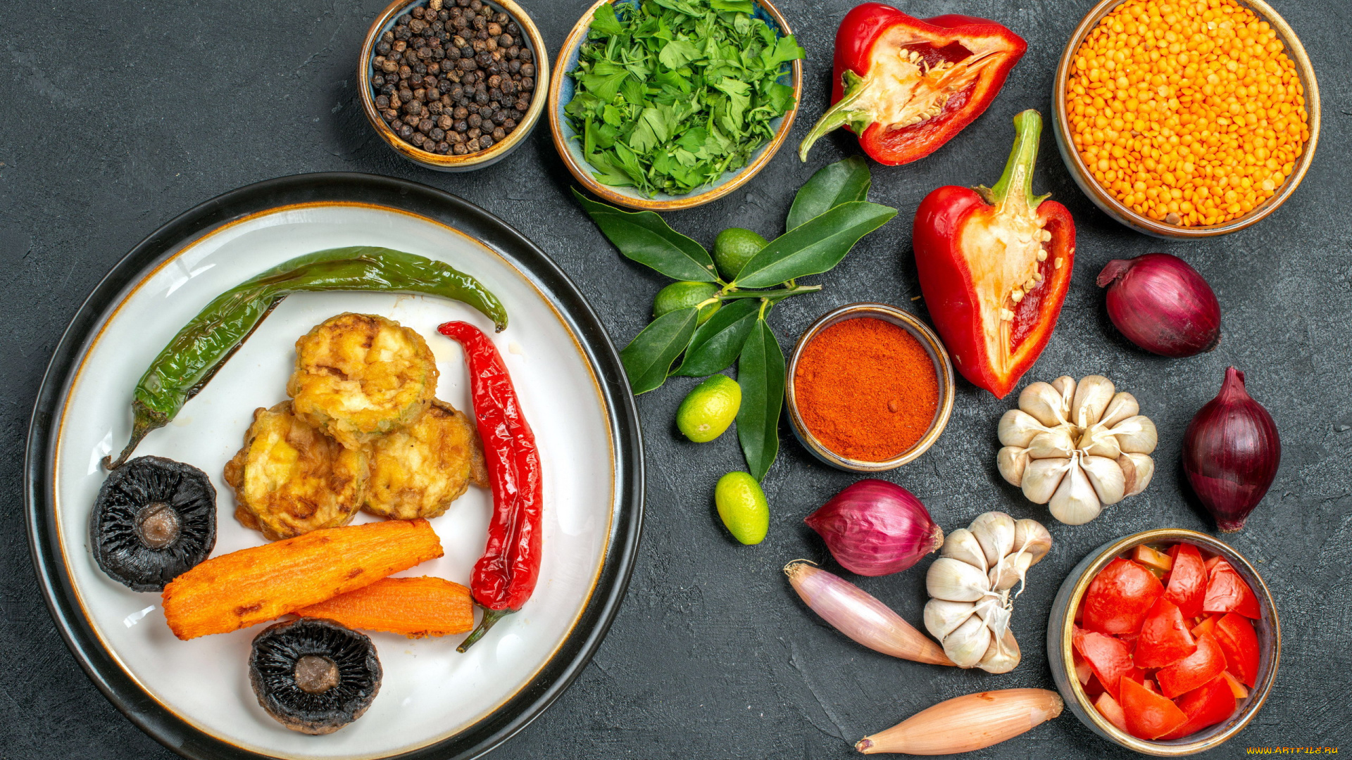 еда, овощи, перец, морковь, лук, чеснок, помидоы