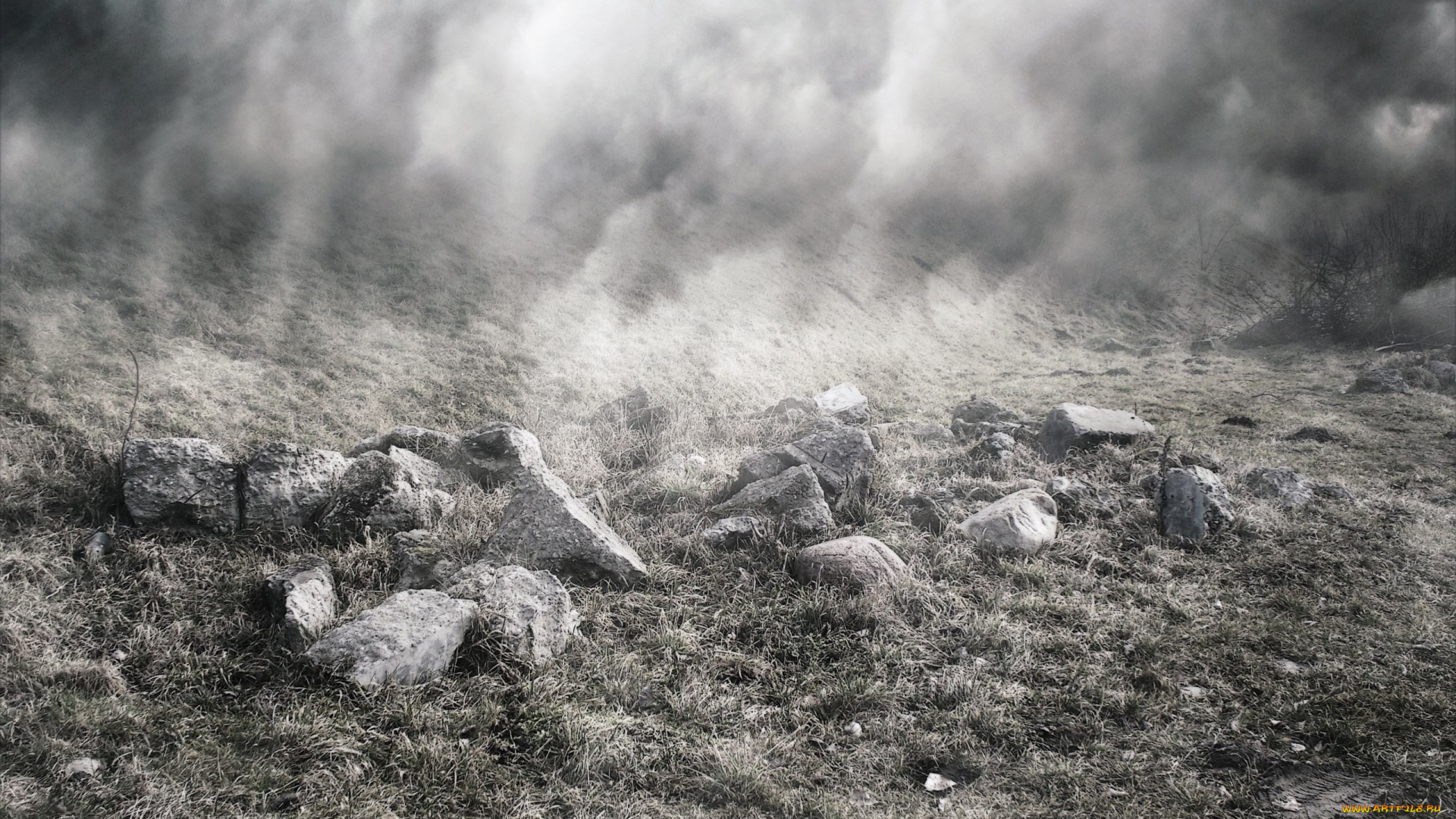 природа, камни, , минералы, трава, туман