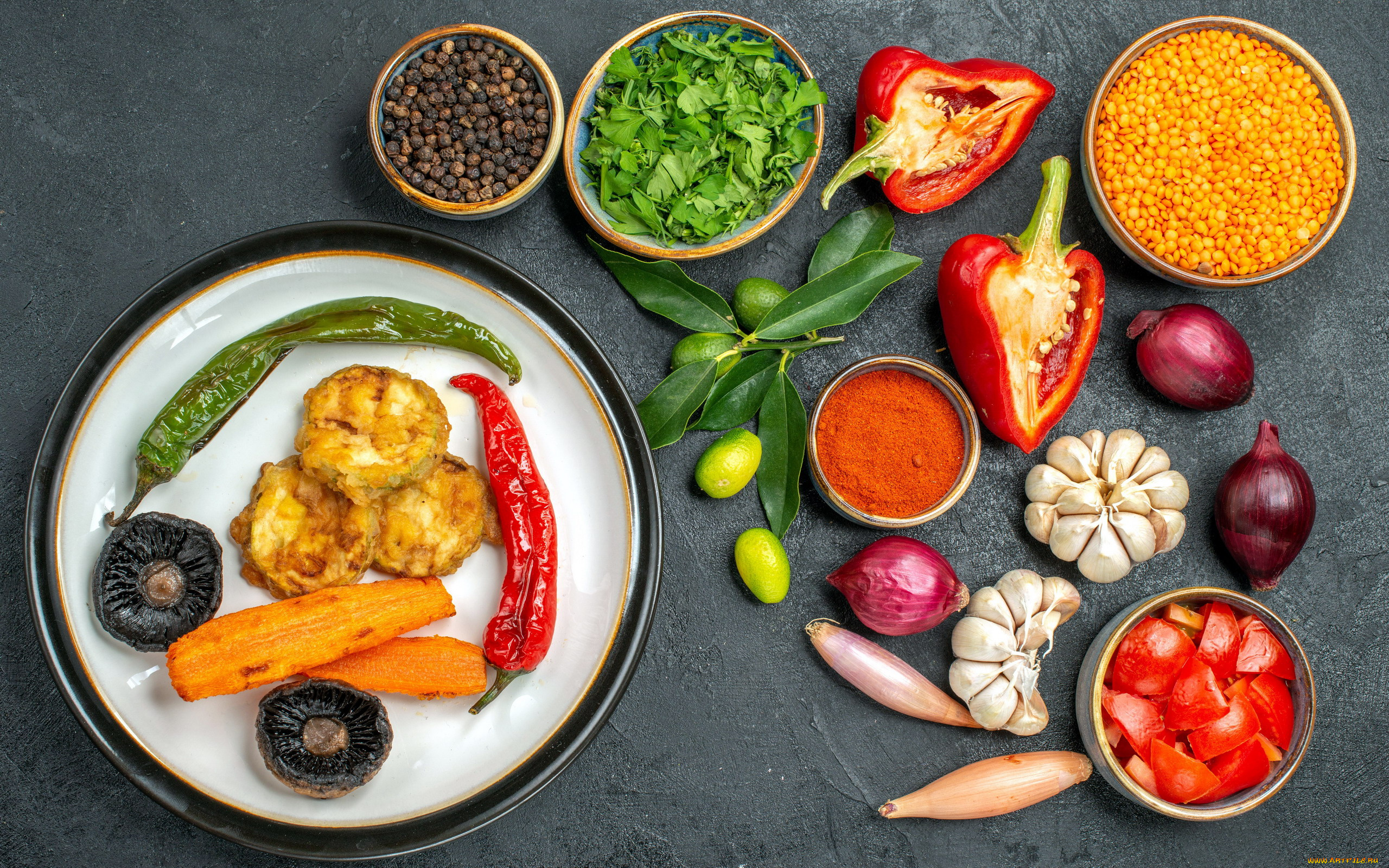 еда, овощи, перец, морковь, лук, чеснок, помидоы