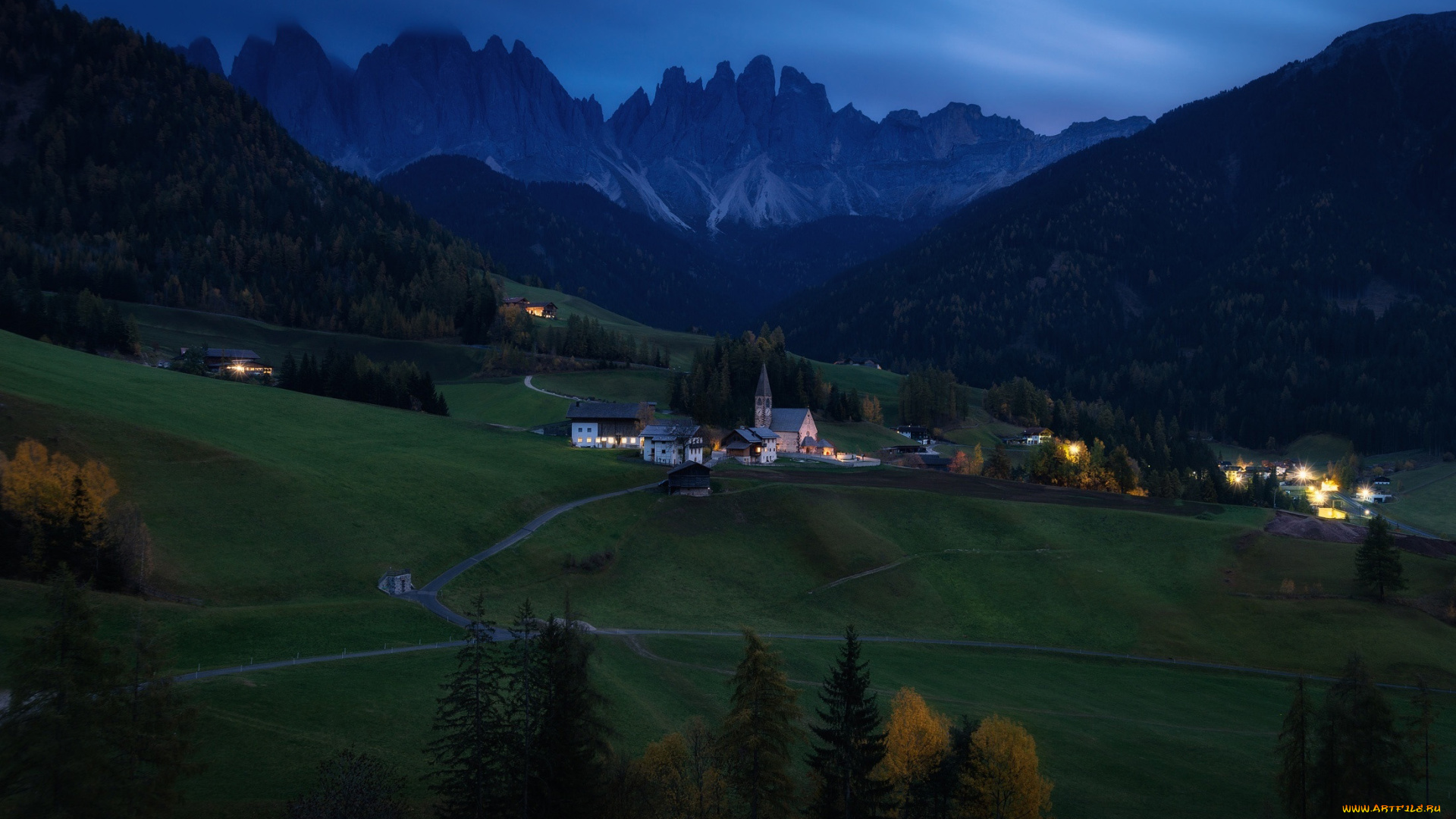 города, валь-де-фюнес, , санта-маддалена, , италия, горы, долина, ночь, огни