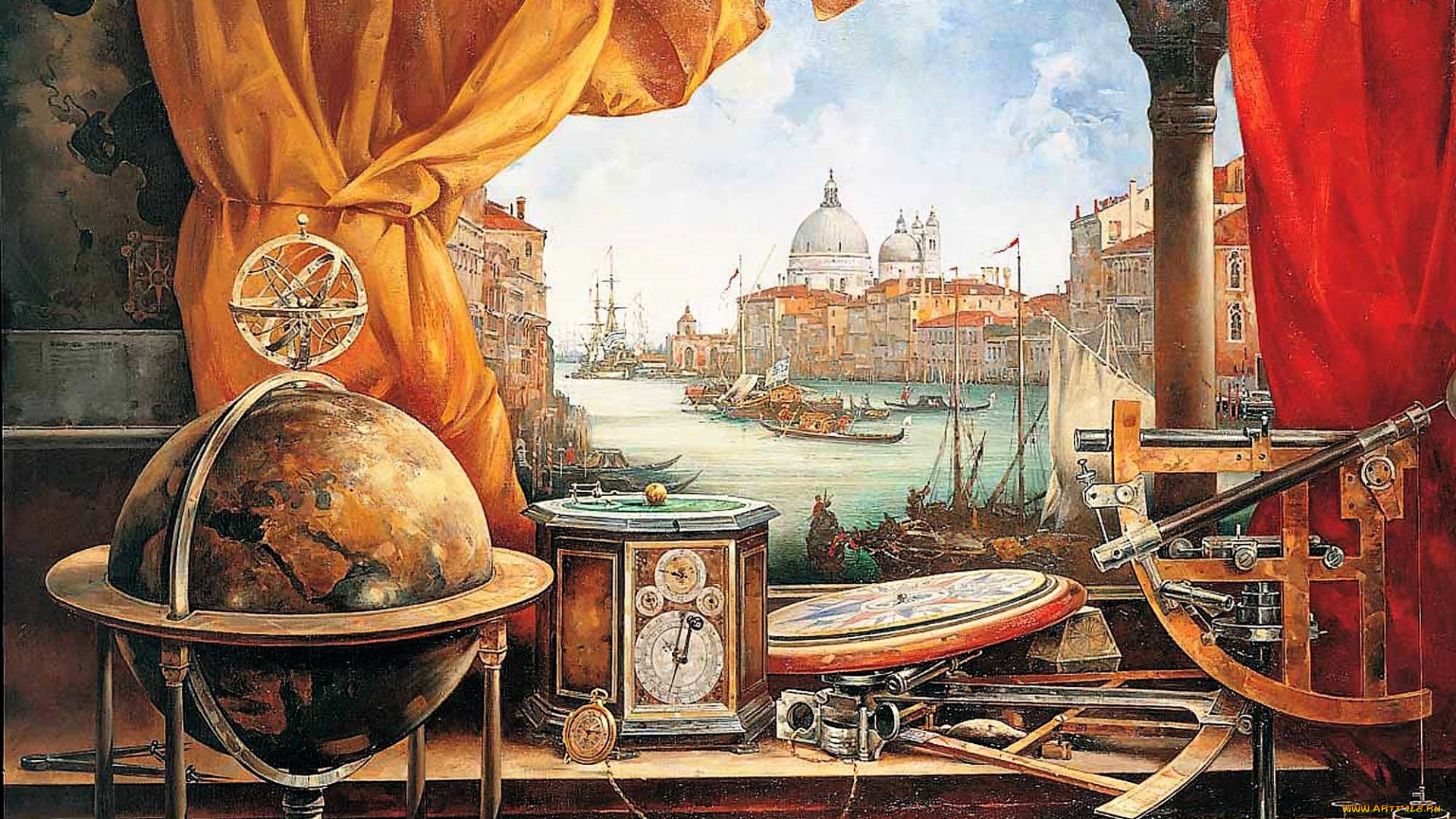 василий, нестеренко, рисованное, окно, город, глобус, шторы, стол, приборы