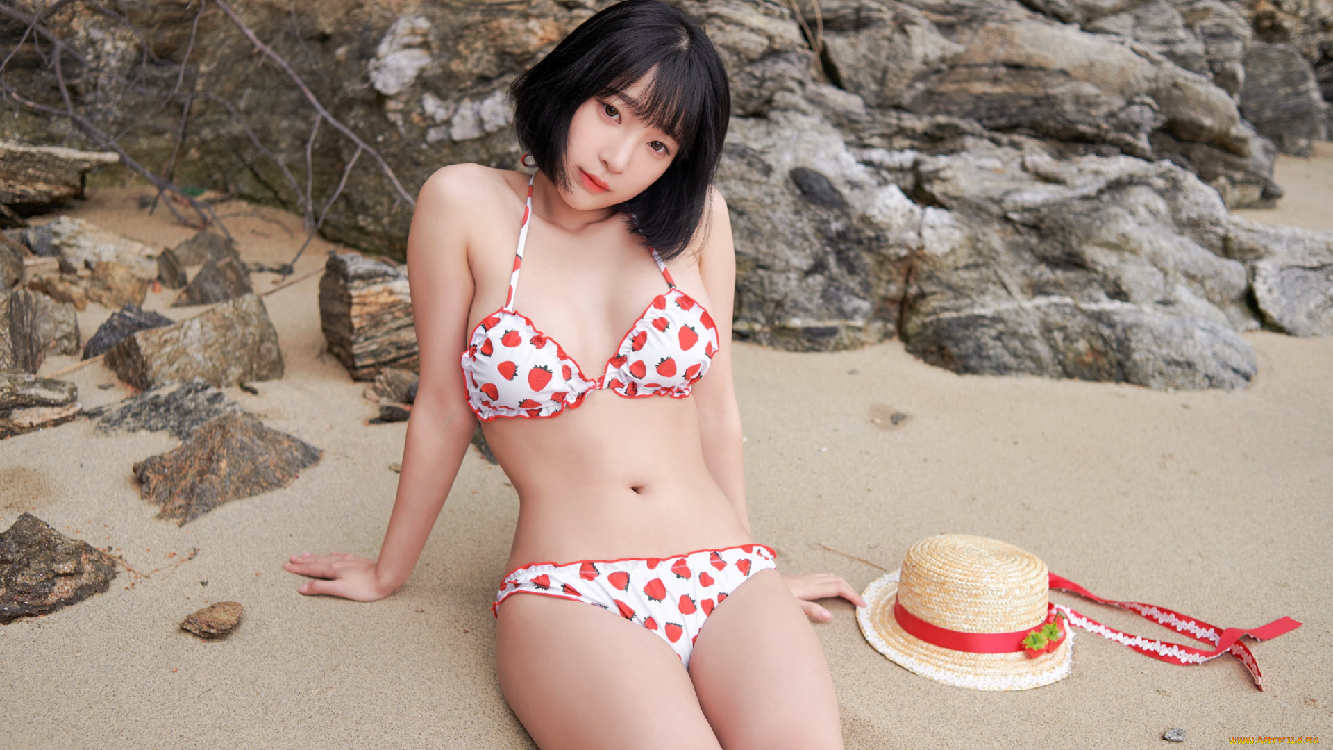 девушки, -, азиатки, азиатка, поза, купальник, шляпа, qing