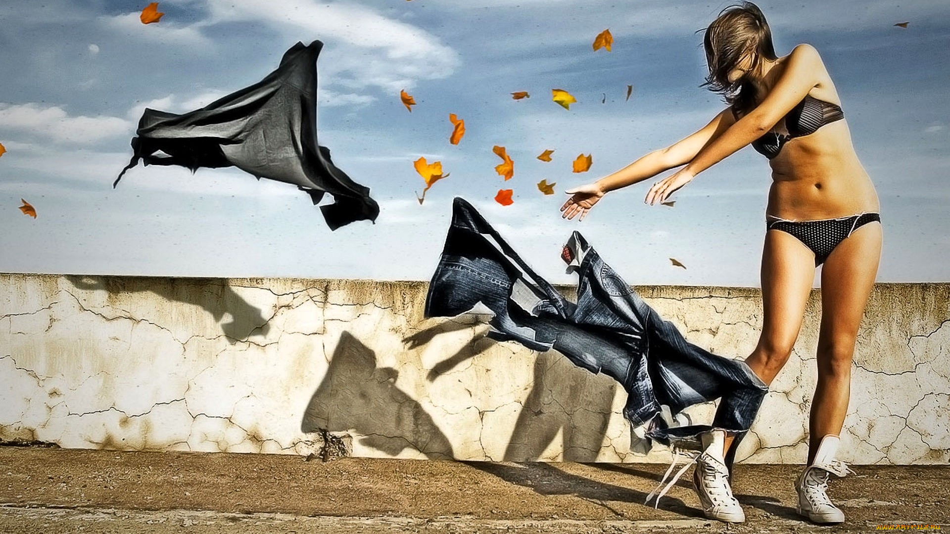 девушки, -, брюнетки, , шатенки, шатенка, белье, ветер, одежда, листья