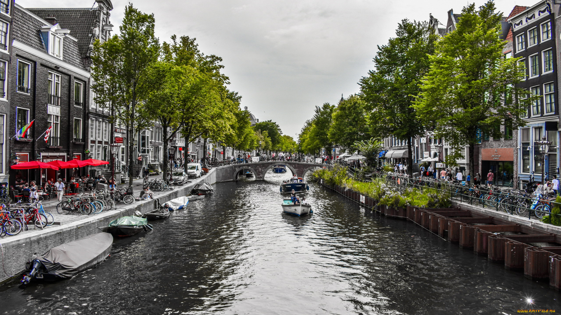 города, амстердам, , нидерланды, канал, мост, набережная, туристы, лодки