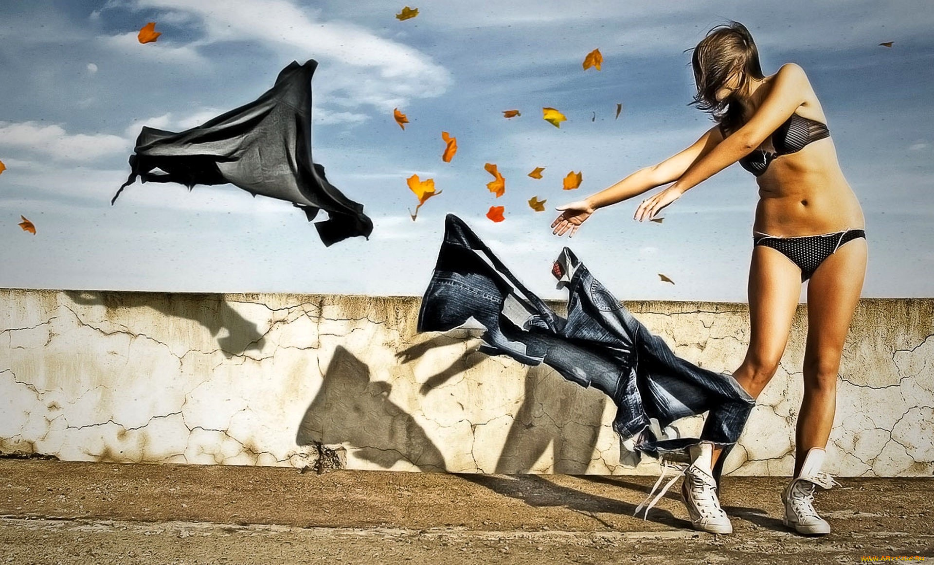 девушки, -, брюнетки, , шатенки, шатенка, белье, ветер, одежда, листья