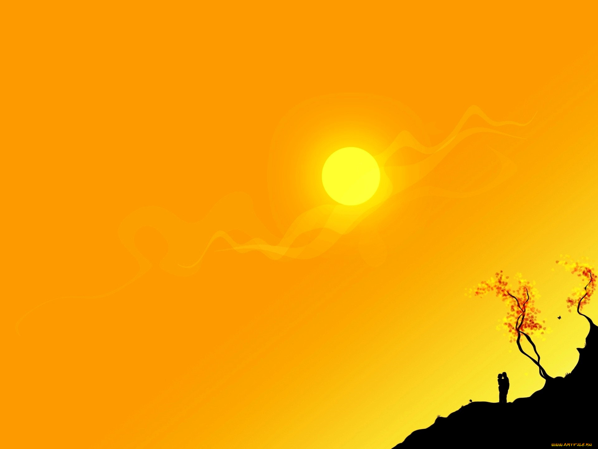 векторная, графика, люди, , people, солнце, склон, пара, деревья