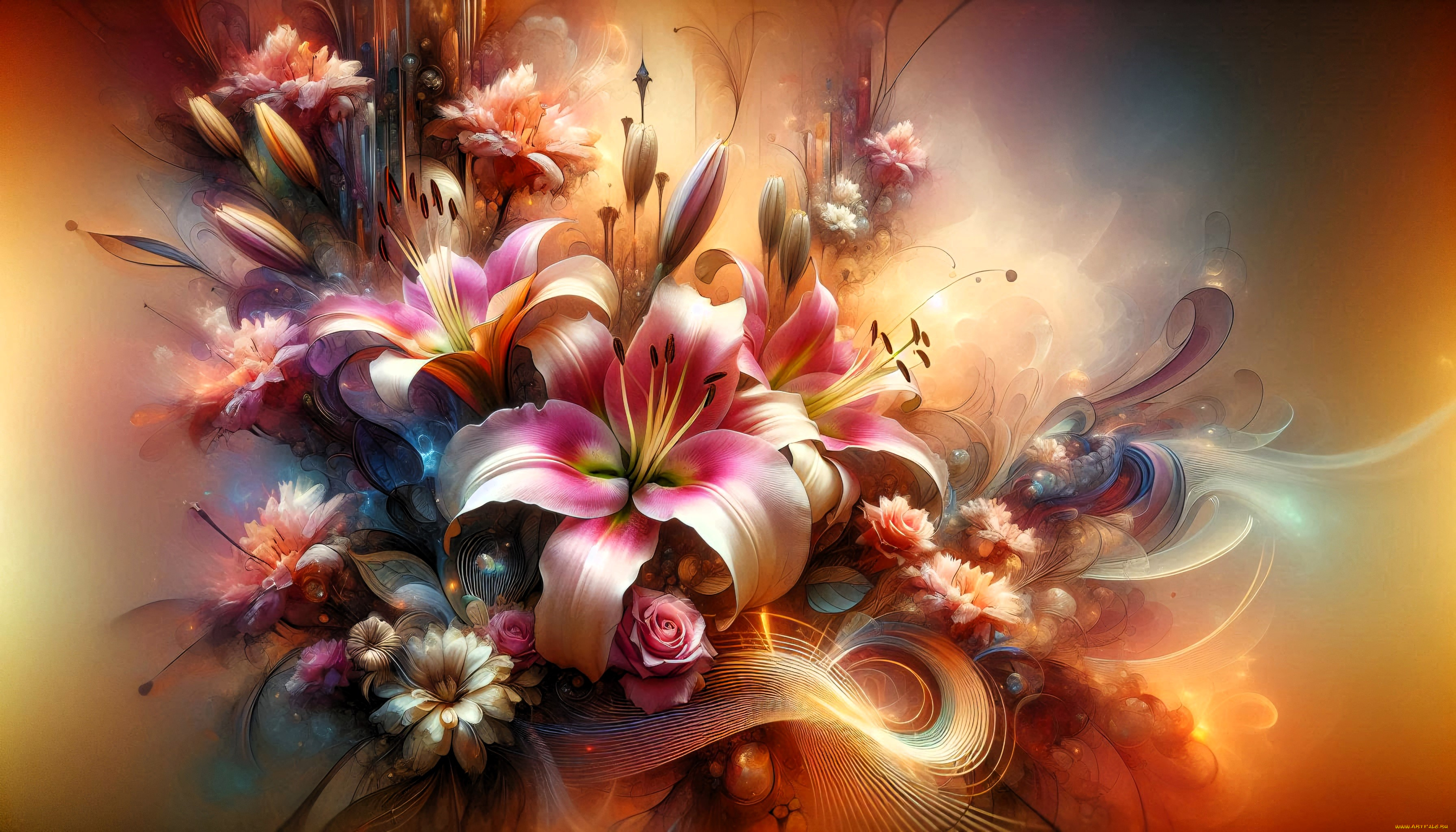 рисованное, цветы, букет, лилии