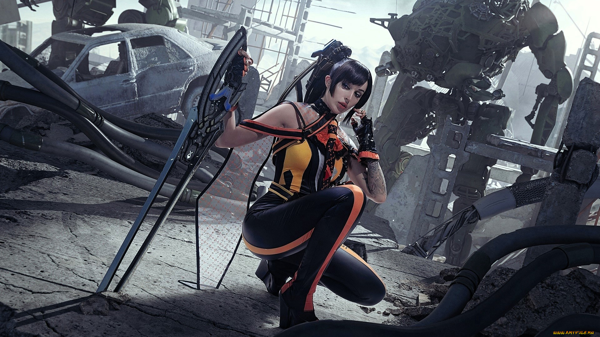 девушки, valery, himera, , lera, himera, образ, косплей, наряд, оружие, развалины, роботы, руины