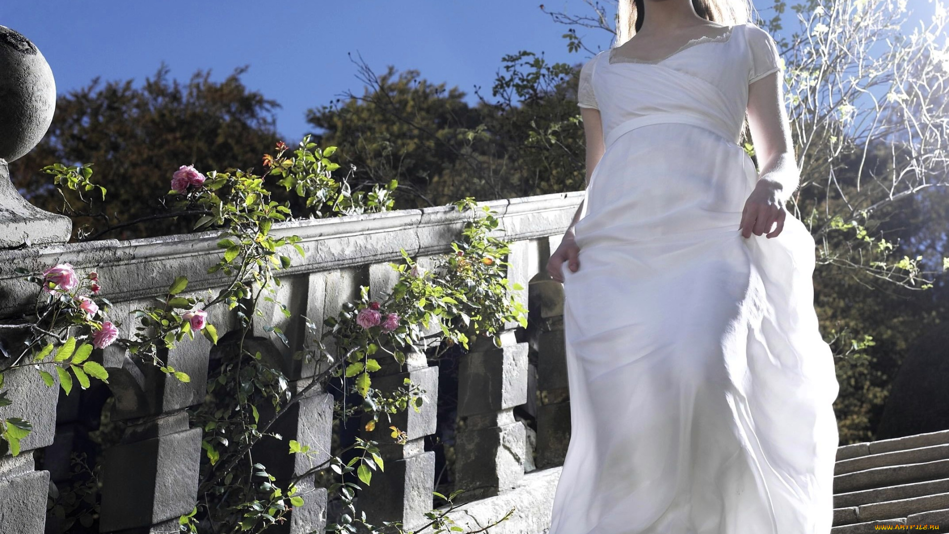 кино, фильмы, pride, &, prejudice, девушка, платье, лестница, ступени, цветы