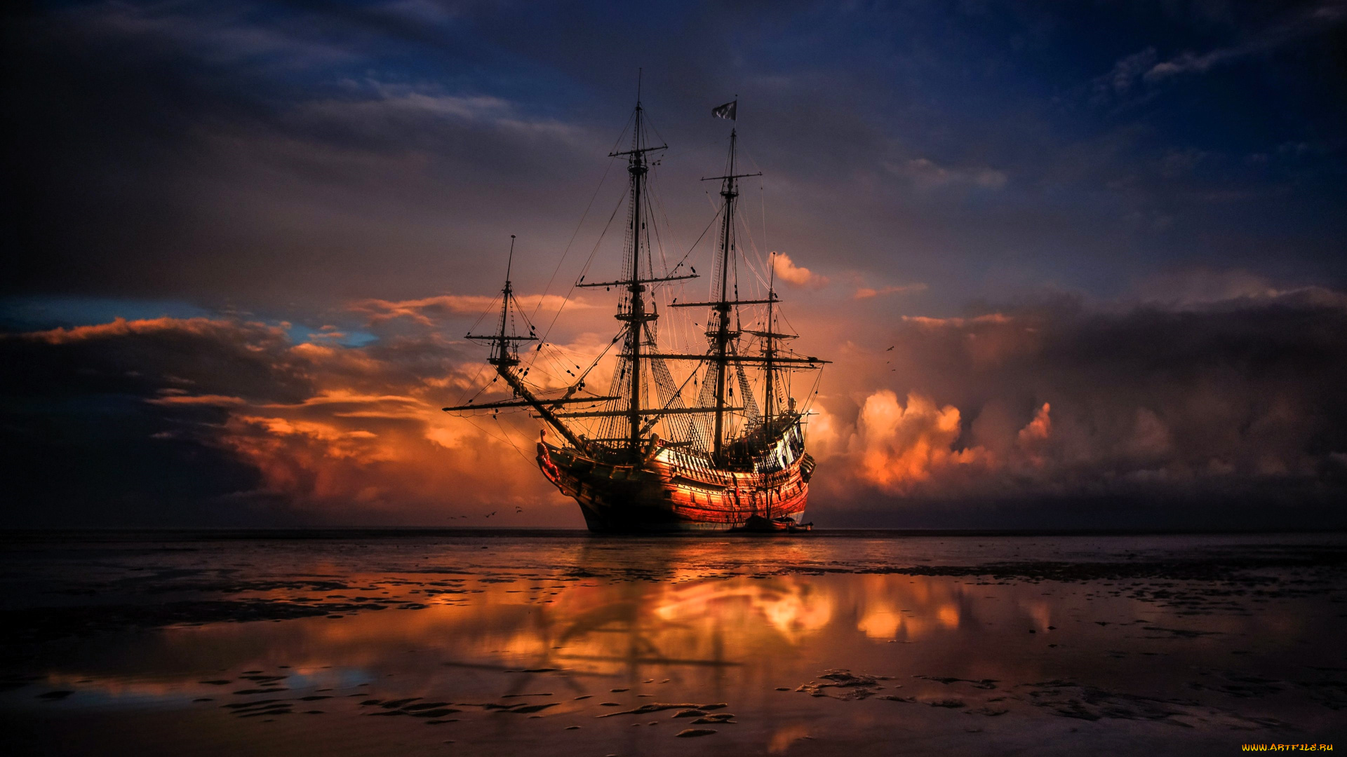 корабли, 3d, корабль, парусник, море, закат, тучи
