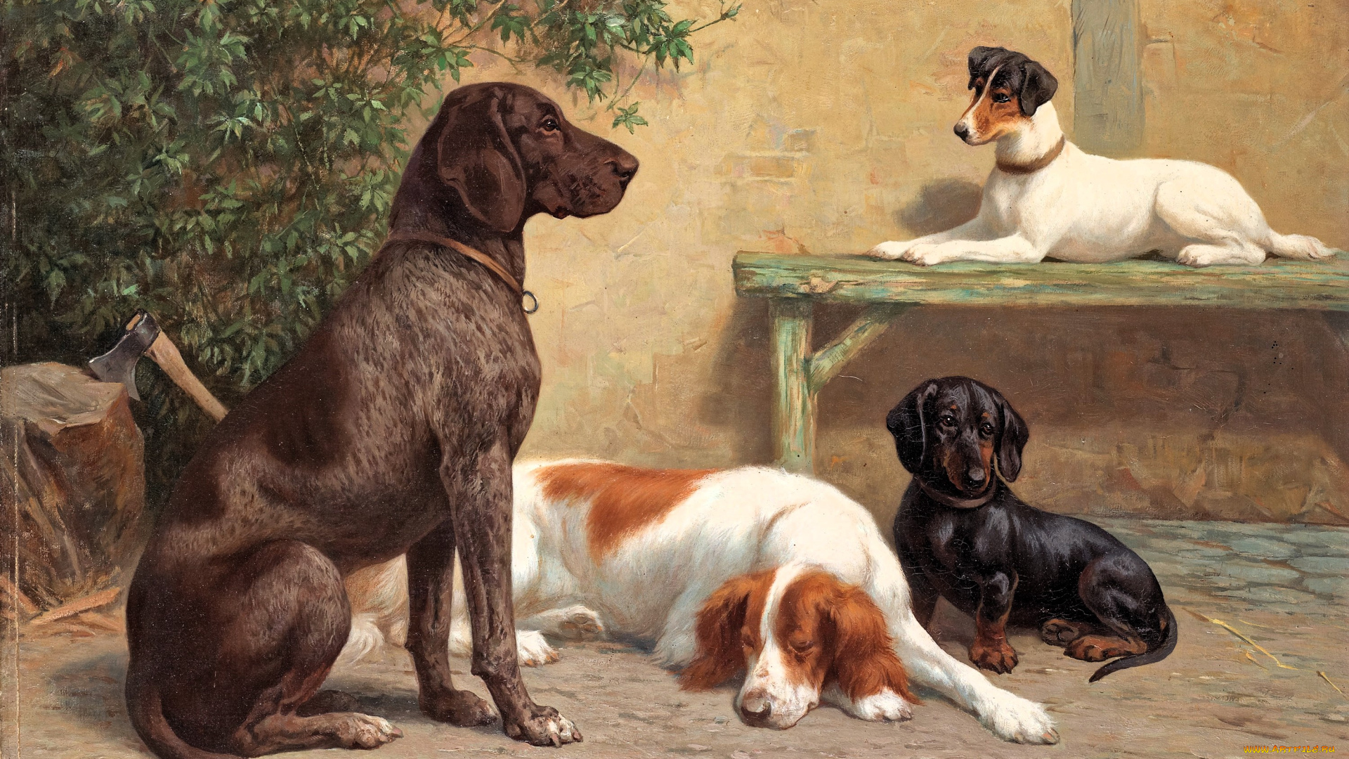 рисованное, heinrich, sperling, собаки, скамейка, дом, куст, колода, топор