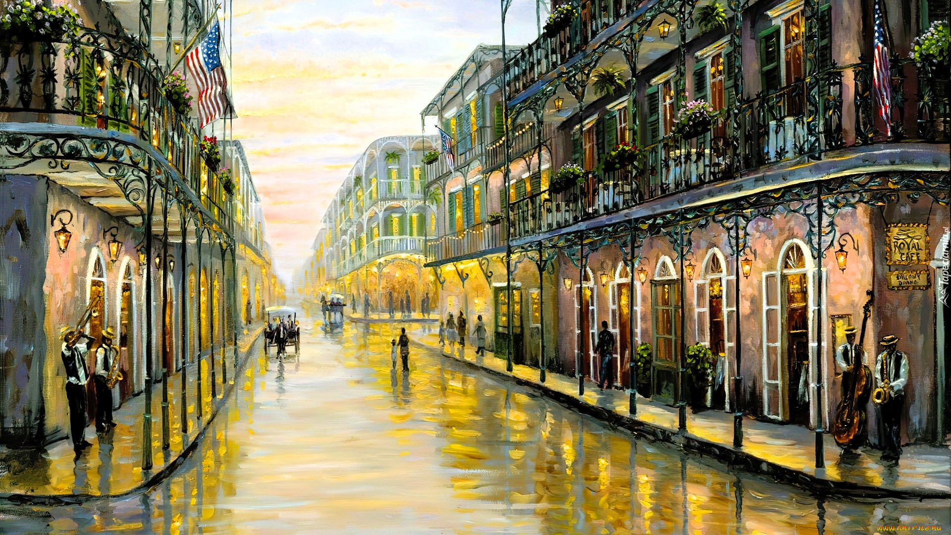 рисованное, robert, finale, дома, здания, дорога, люди, цветы, флаг, карета