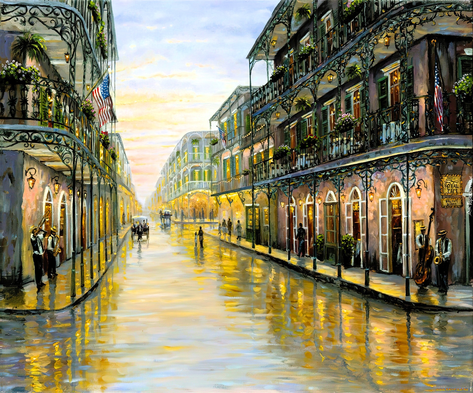 рисованное, robert, finale, дома, здания, дорога, люди, цветы, флаг, карета