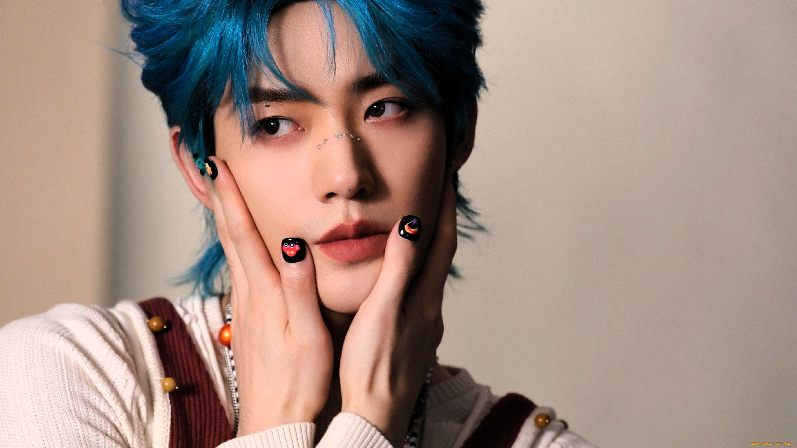 мужчины, deng, wei, актер, синие, волосы, руки, лицо