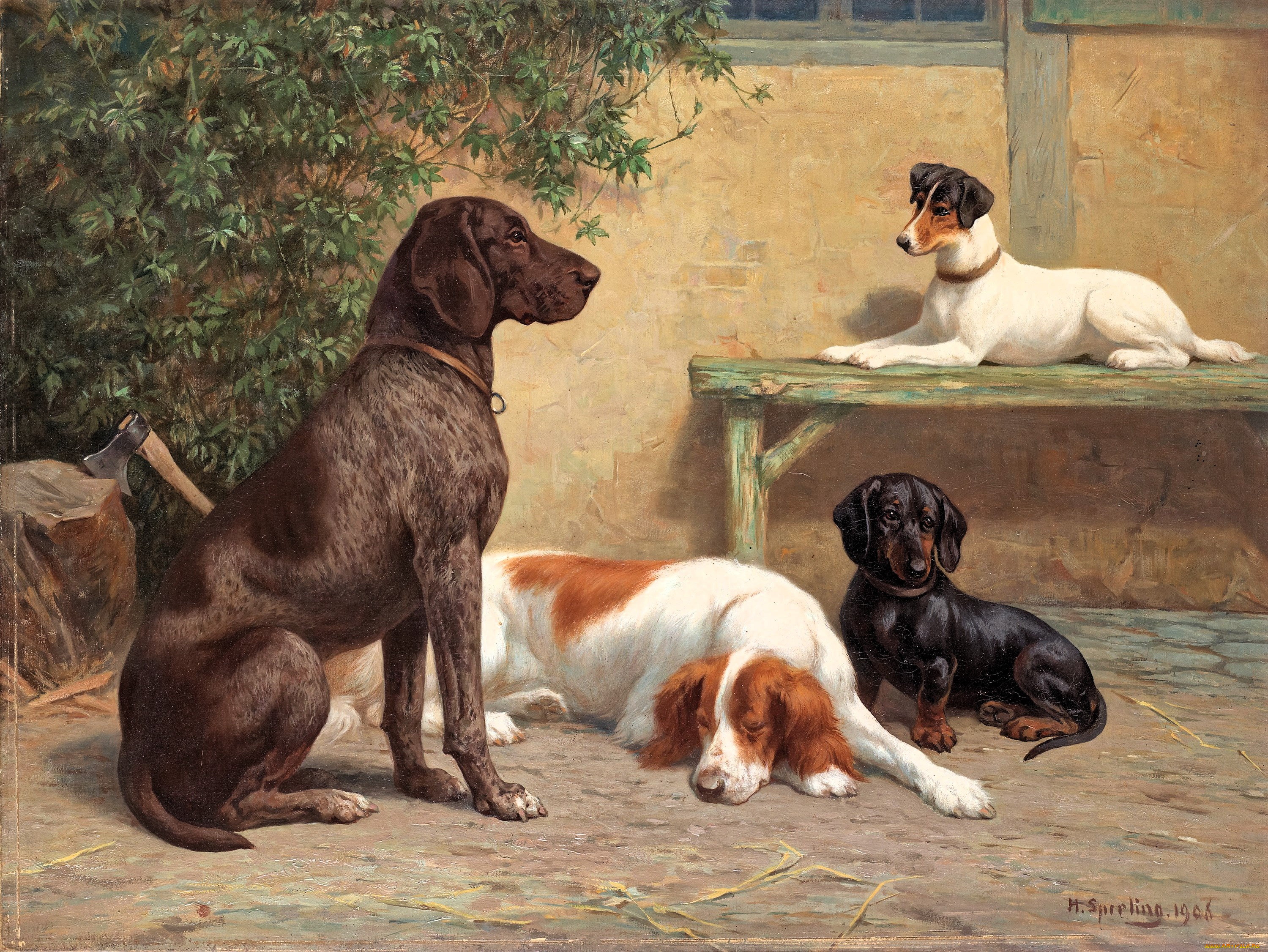 рисованное, heinrich, sperling, собаки, скамейка, дом, куст, колода, топор