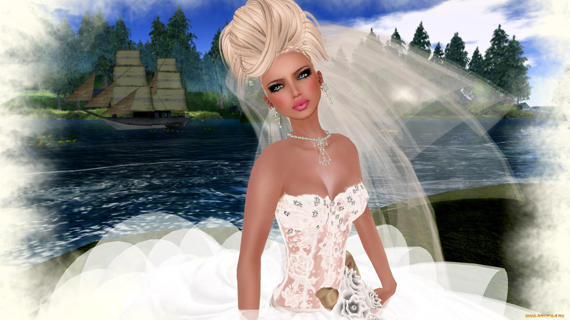 3д, графика, people, люди, невеста, фата, блондинка, парусник