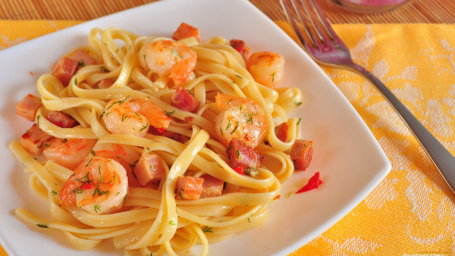 еда, макаронные, блюда, паста, бекон, креветки