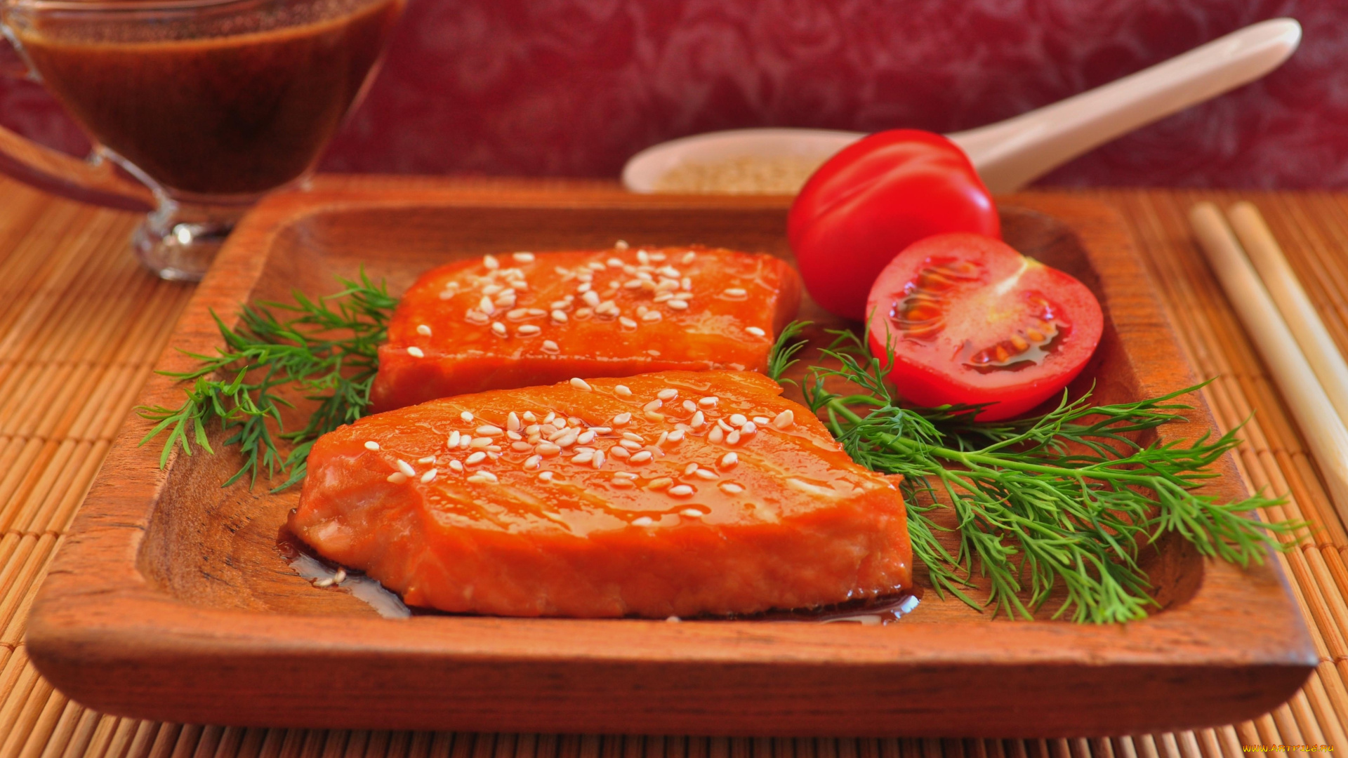 еда, рыбные, блюда, морепродуктами, укроп, помидоры, томаты