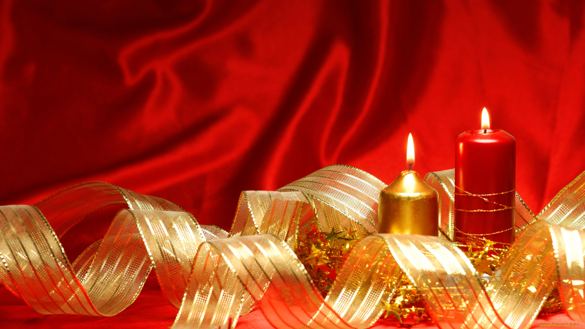 праздничные, новогодние, свечи, мишура, лента