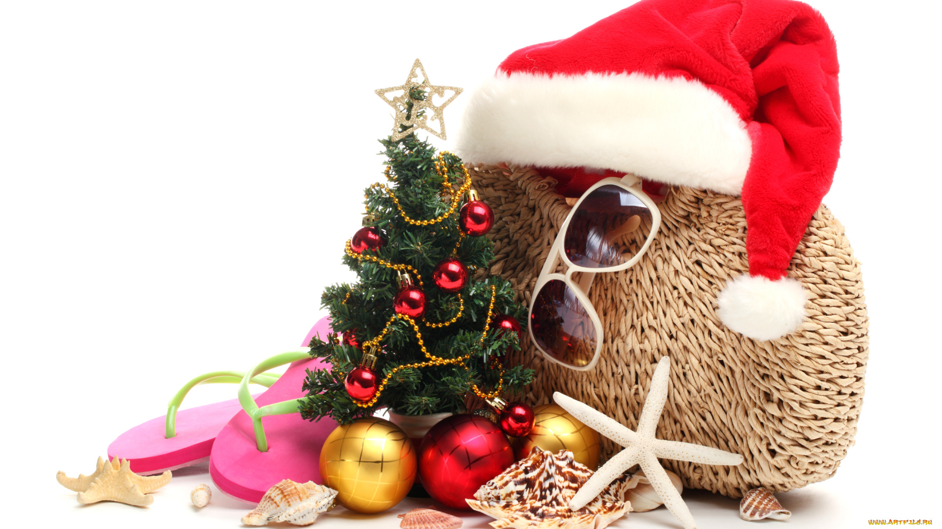 праздничные, разное, новый, год, ёлка, шарики, ракушки, морская, звезда, очки, шапка