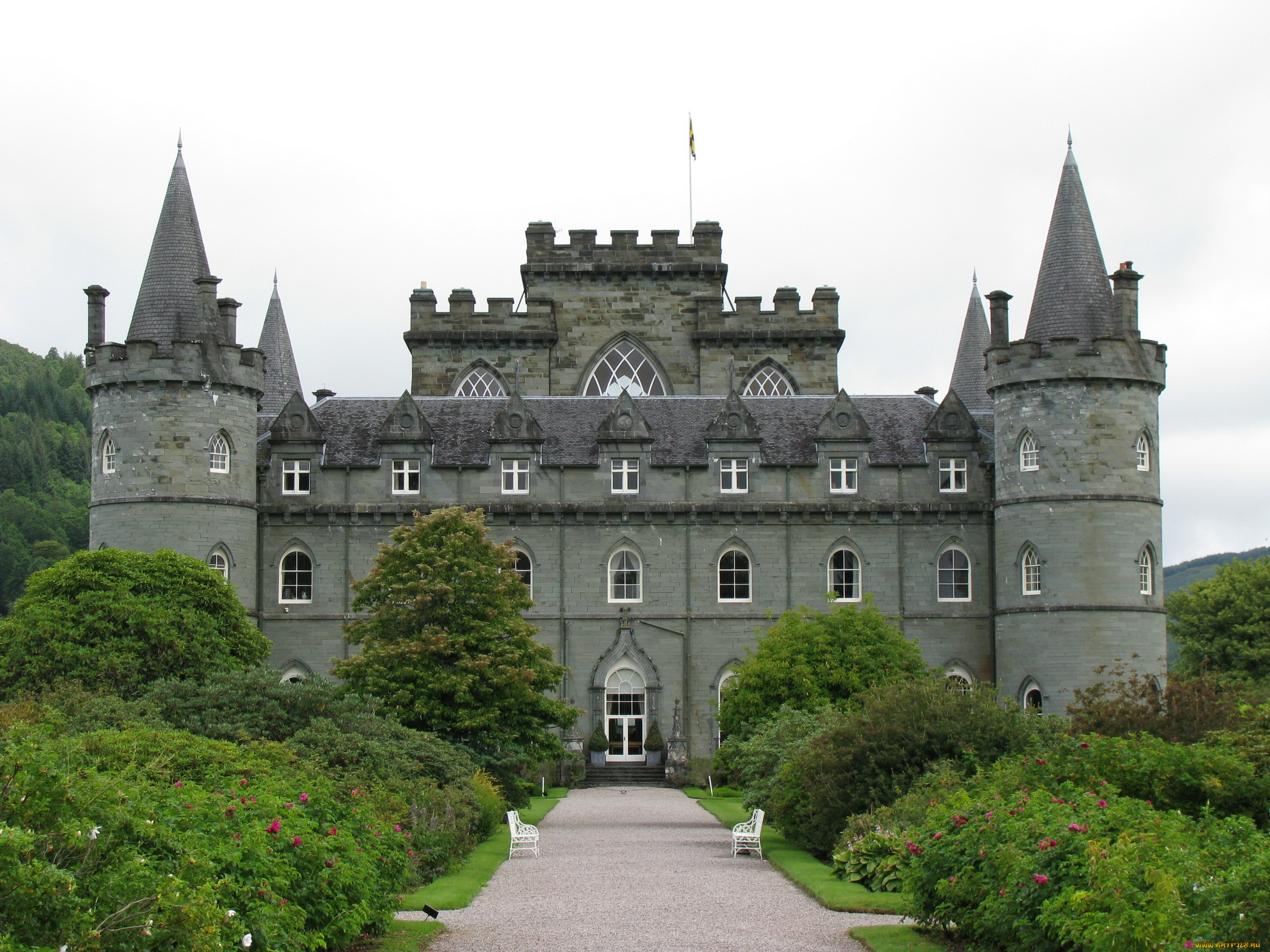 scotland, inveraray, castle, города, дворцы, замки, крепости, скамейки, башни, замок, кусты