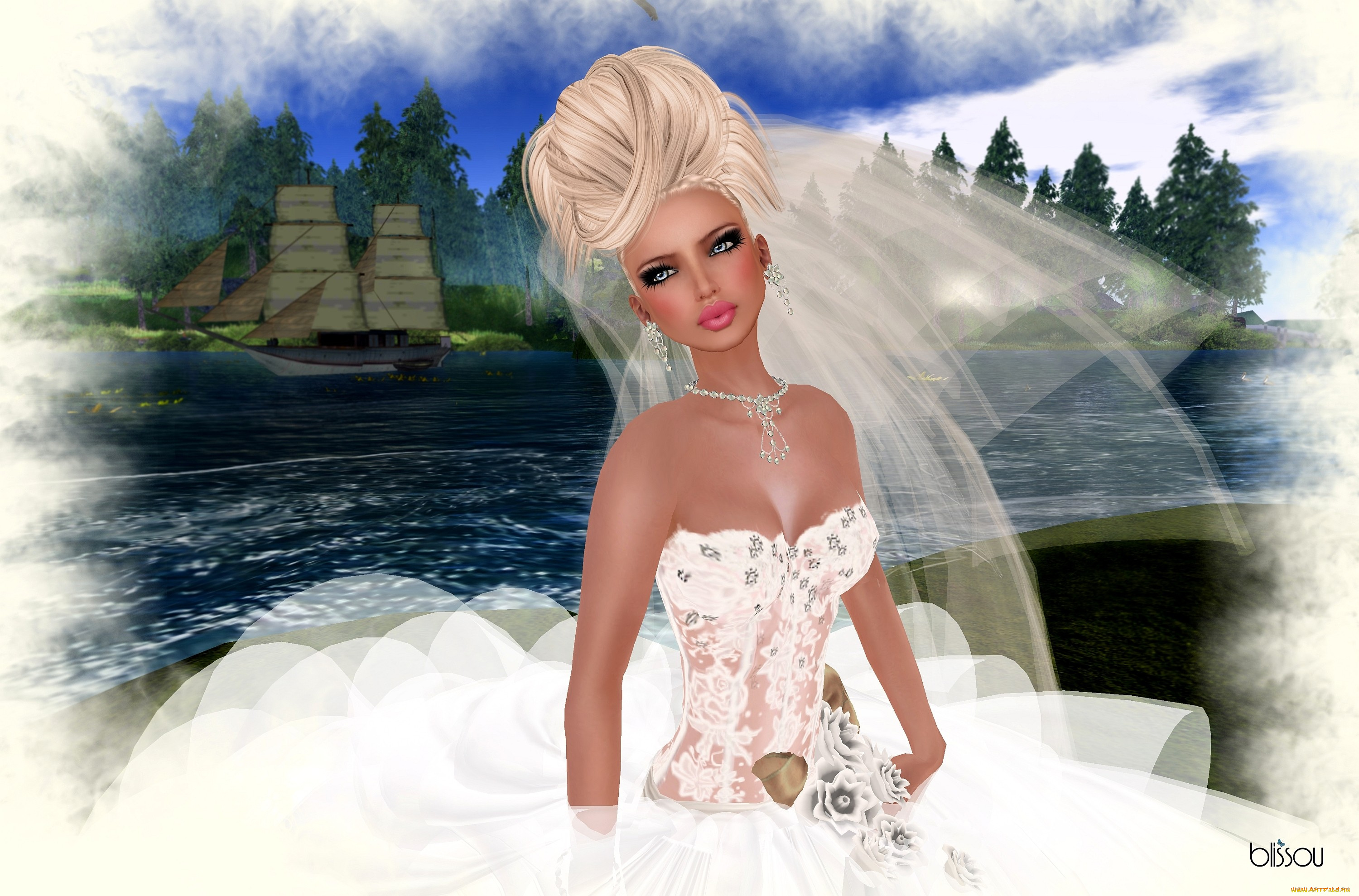 3д, графика, people, люди, невеста, фата, блондинка, парусник